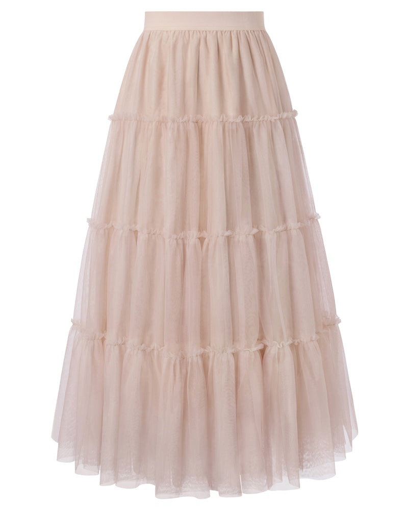 belle poque 1960s Vintage Tulle Skirts for Women A-line Flowy Ruffle Skirt for Date Party Beige