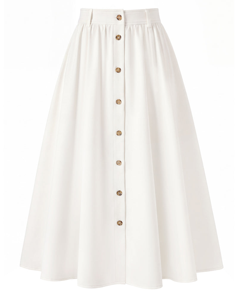 belle poque 1950s Women's Midi Skirt with Pockets Vintage Buttoned Front A-Line Skirt White