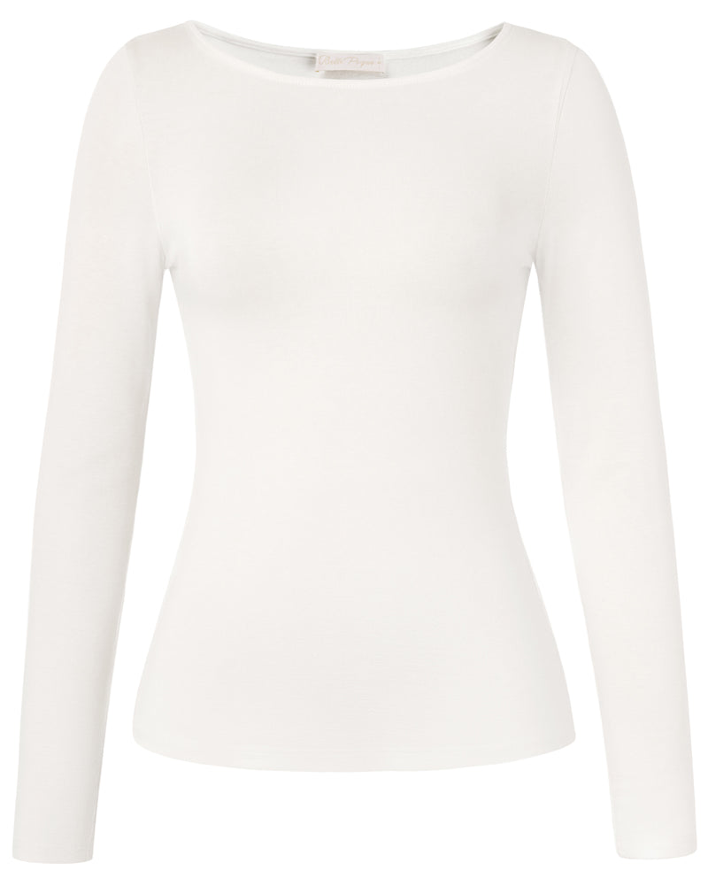 belle poque Women's Wool Long Sleeve Boat Neck Tops Fitted Basic Tees Wool Base Layer Women White