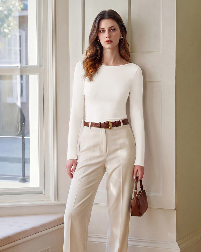 belle poque Women's Wool Long Sleeve Boat Neck Tops Fitted Basic Tees Wool Base Layer Women