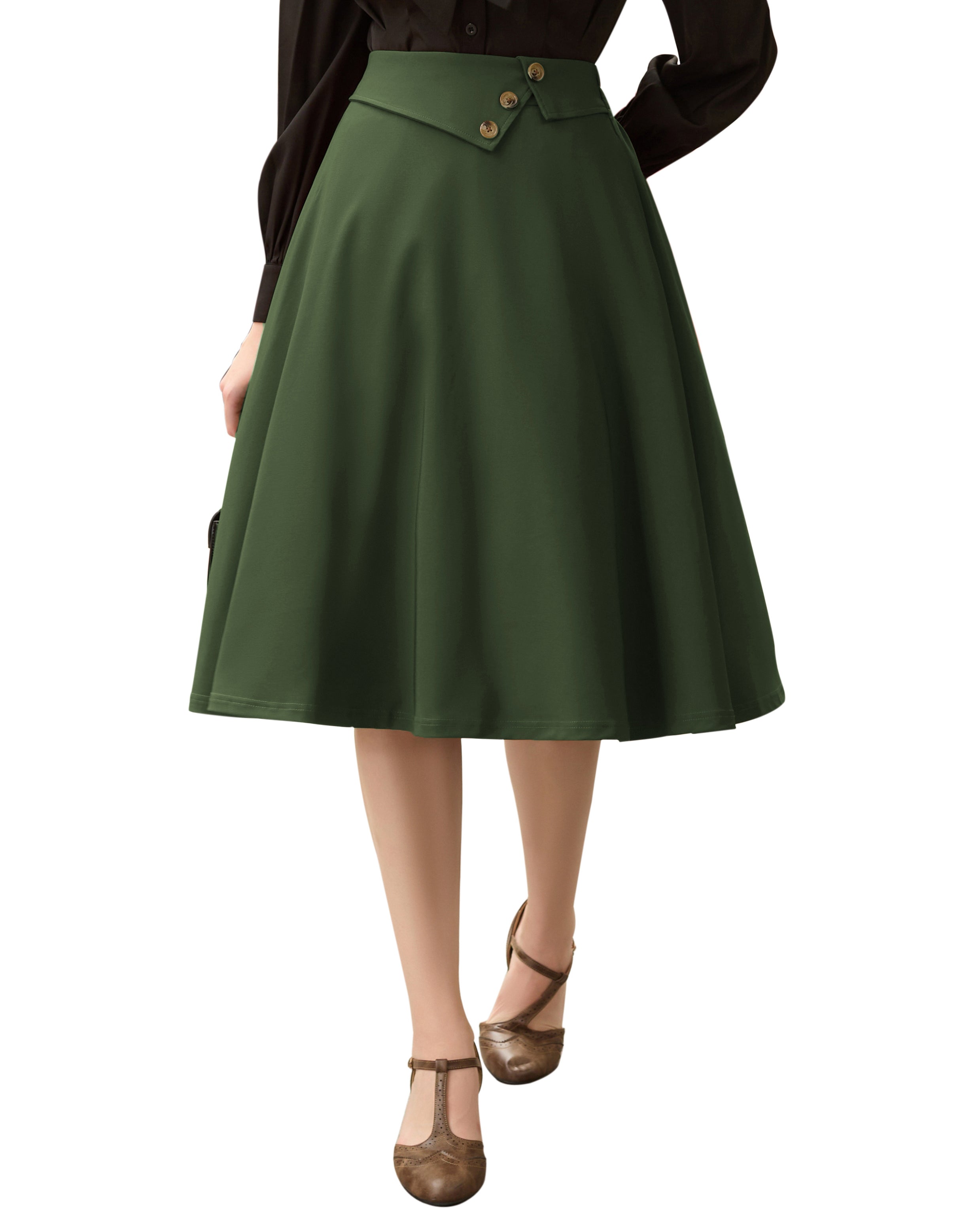 belle poque Vintage A-Line Skirt High Waisted Midi Skirt with Pockets & Buttons