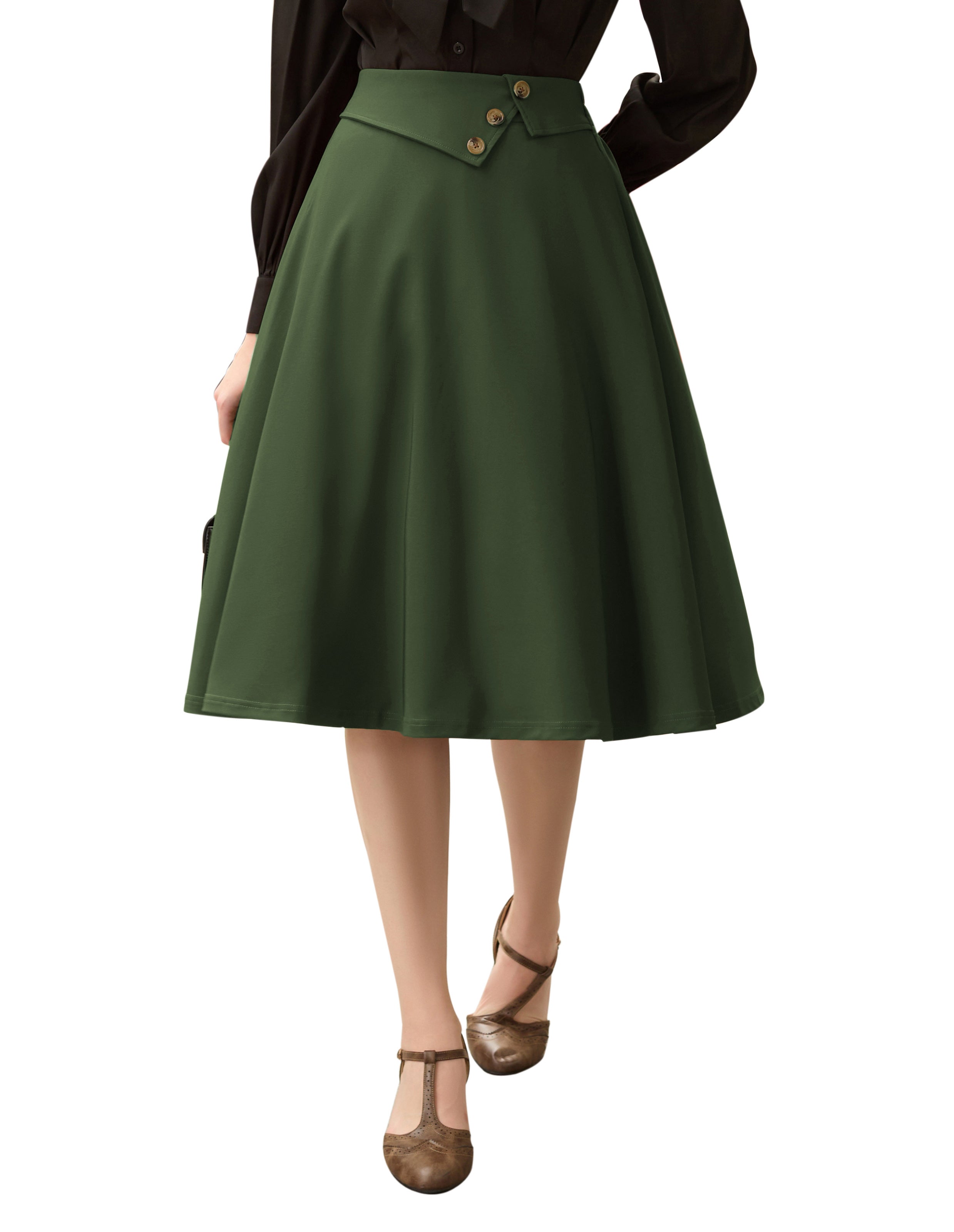 belle poque Vintage A-Line Skirt High Waisted Midi Skirt with Pockets & Buttons