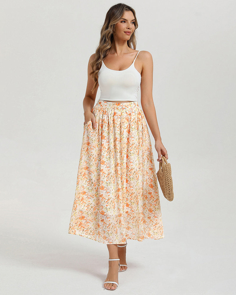 belle poque Women Summer Vacation Swing Floral Skirt Comfy A-Line Maxi Skirt
