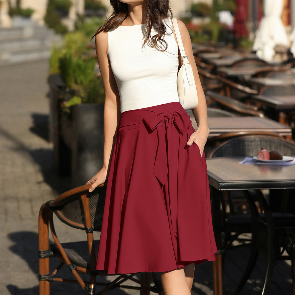 belle poque Women's High Waist A-Line Pockets Skirt Skater Flared Midi Skirt