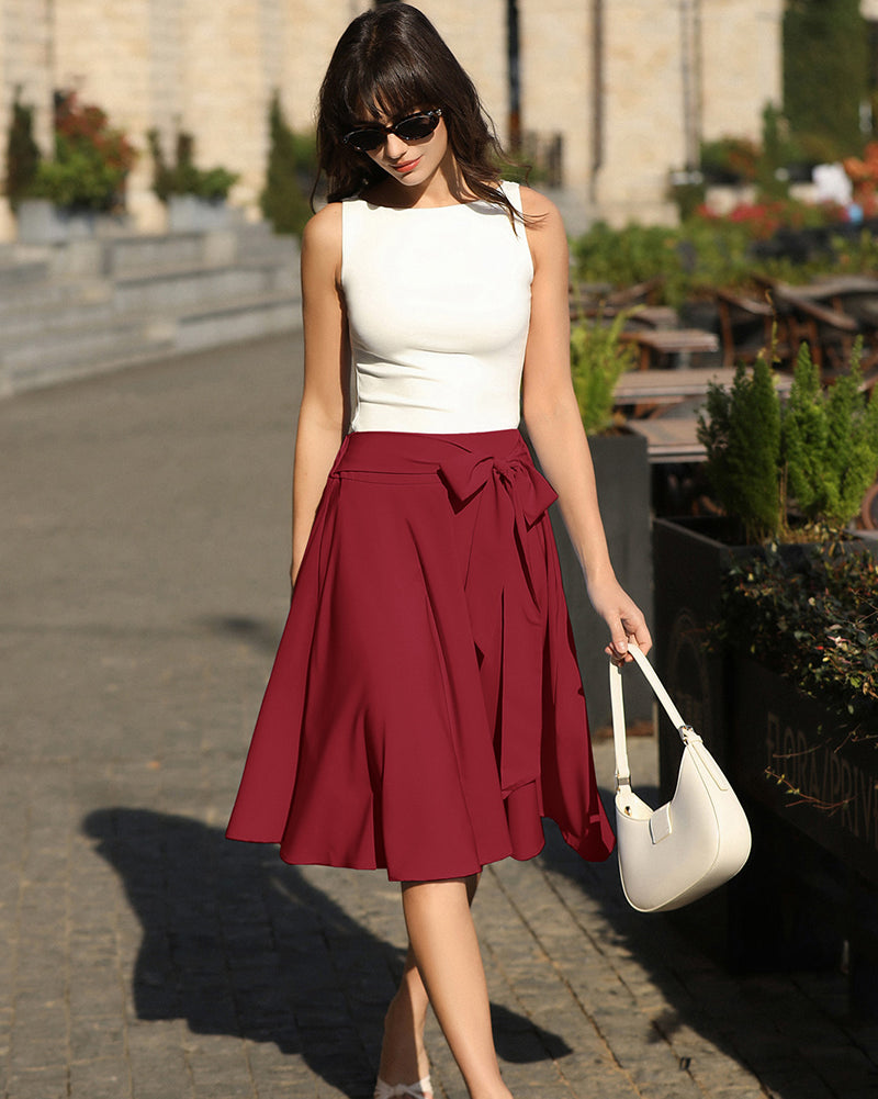 belle poque Women's High Waist A-Line Pockets Skirt Skater Flared Midi Skirt