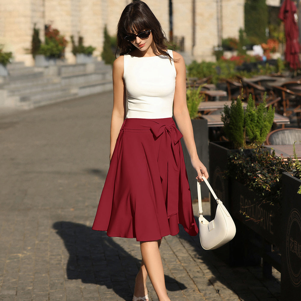 belle poque Women's High Waist A-Line Pockets Skirt Skater Flared Midi Skirt