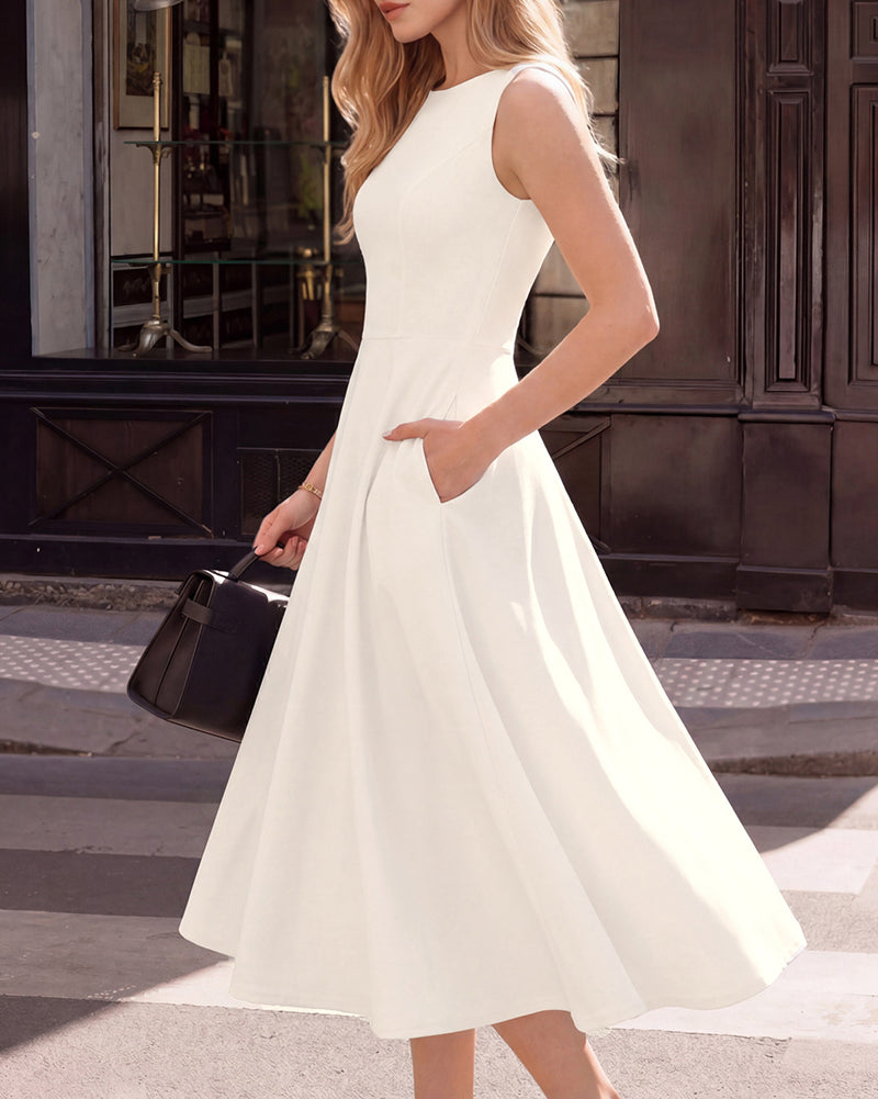 belle poque 1980s Vintage Women's Cocktail Dress Elegant A Line Midi Dresses with Pockets