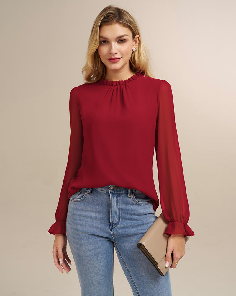 belle poque Belle Poque Women Vintage Chiffon Tops Long Sleeve Keyhole Back Pullover Tops