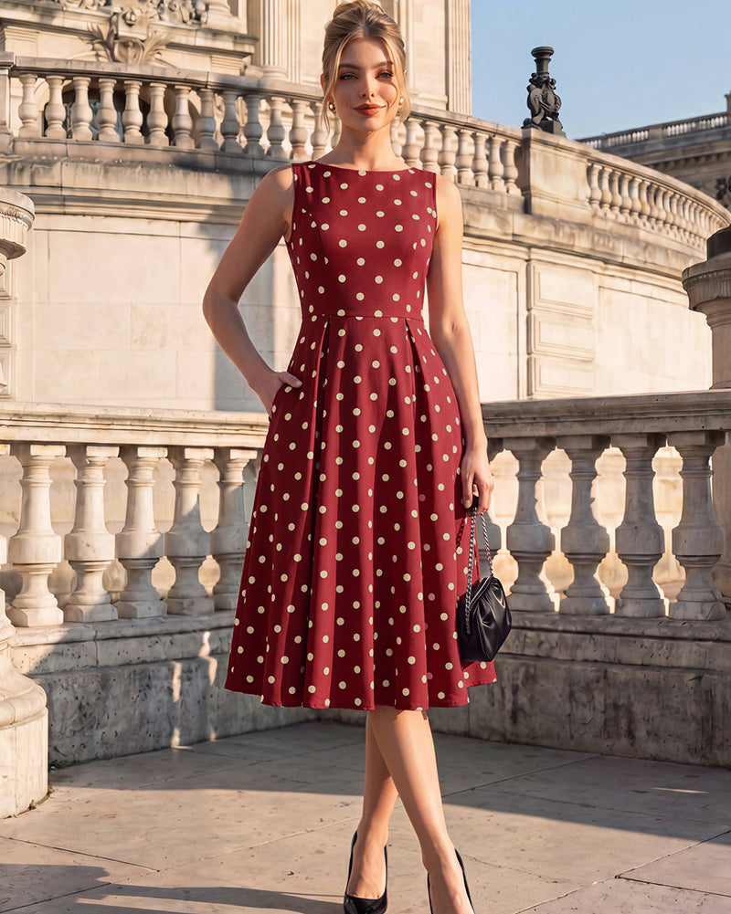 belle poque 1950s Vintage Polka Dot Dress for Women Boat Neck Midi A Line Cocktail Party Dresses