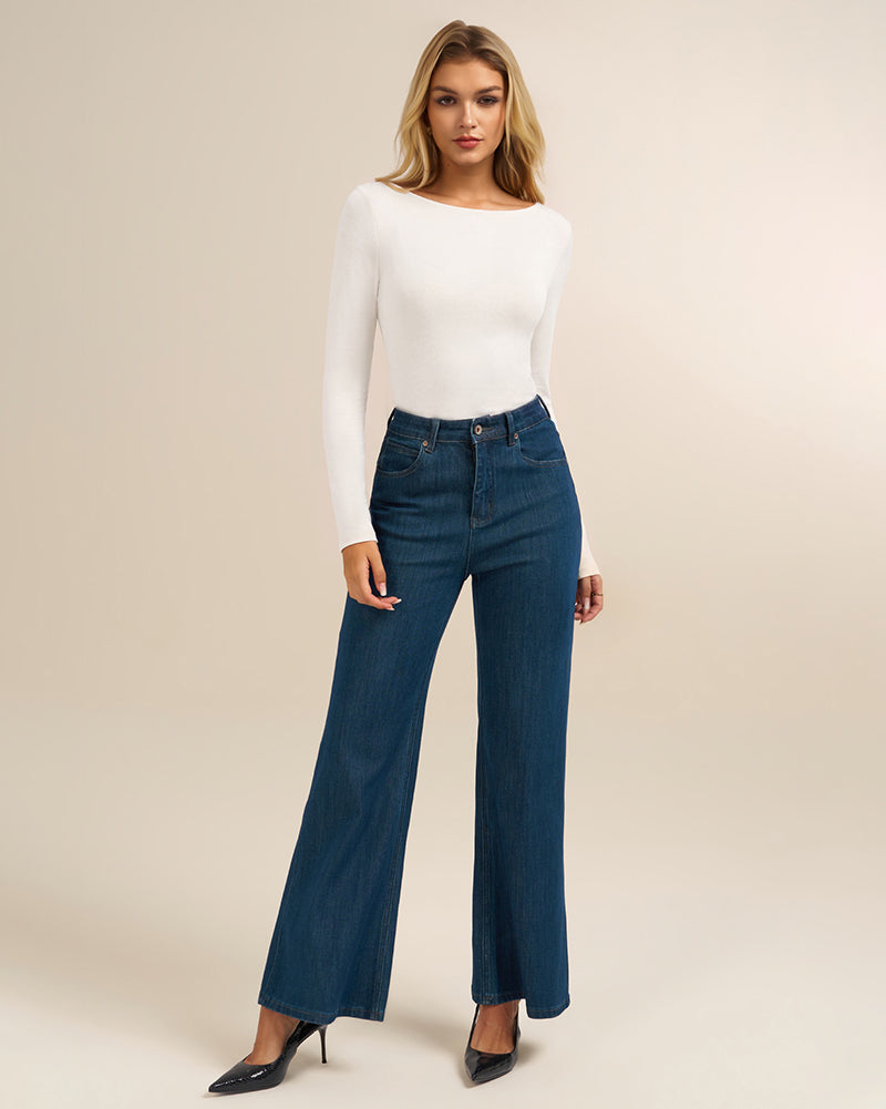 belle poque Women's Wool Long Sleeve Boat Neck Tops Fitted Basic Tees Wool Base Layer Women