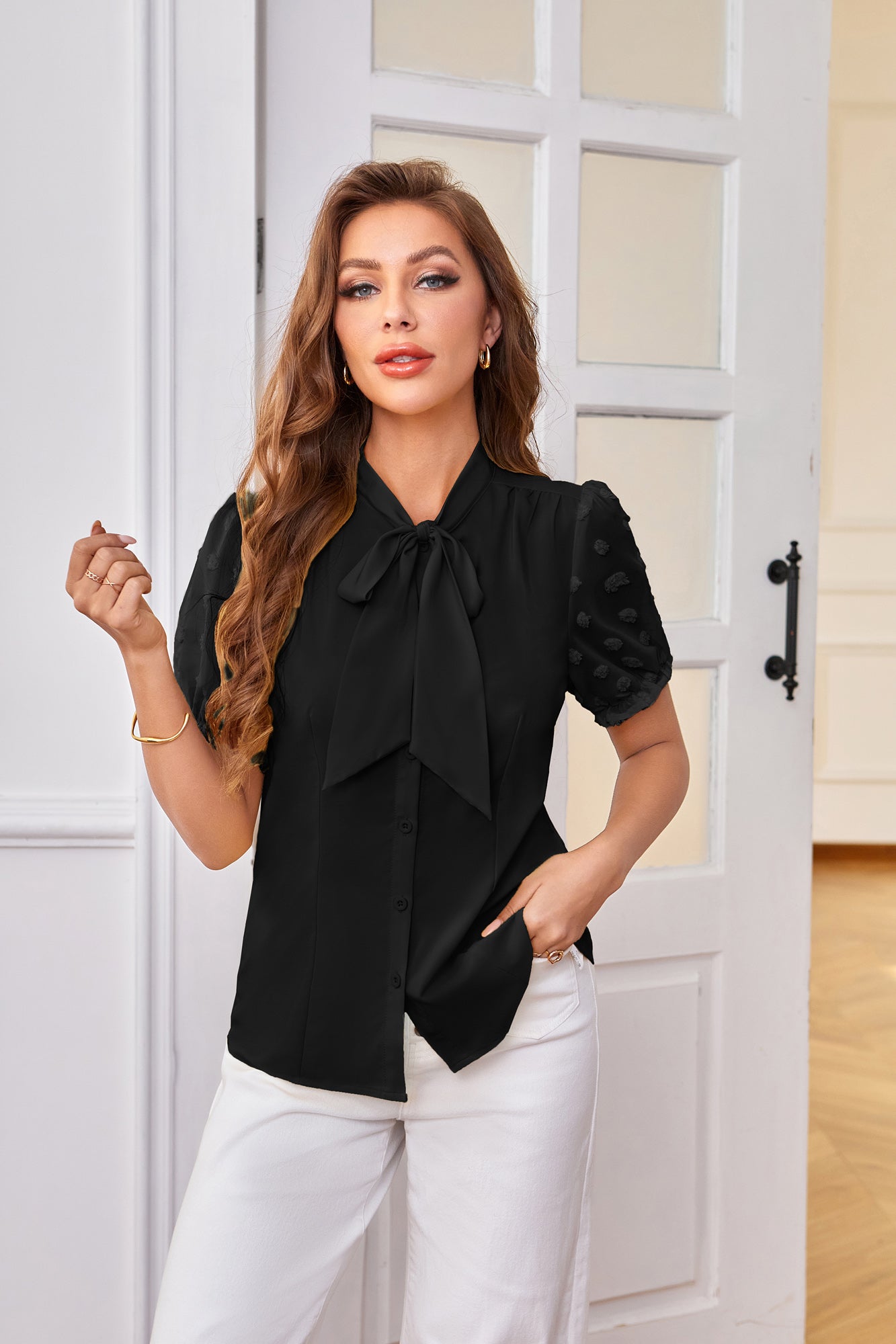 belle poque Bow-Knot Decorated Shirt Short Sleeve Stand Collar Tops