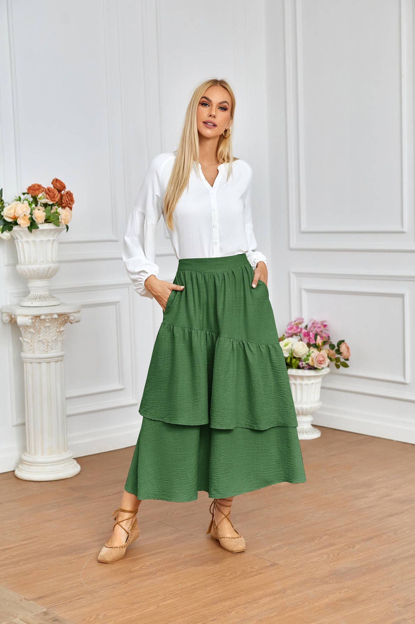 belle poque BP Women Vintage 2-Layer Swing Skirt Elastic High Waist Maxi Skirt