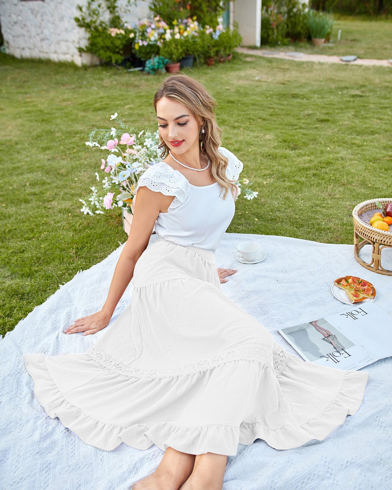 belle poque Women's Midi Skirt Boho Flowy Aline Ruffle Lace Tiered Skirt with Pockets 2025