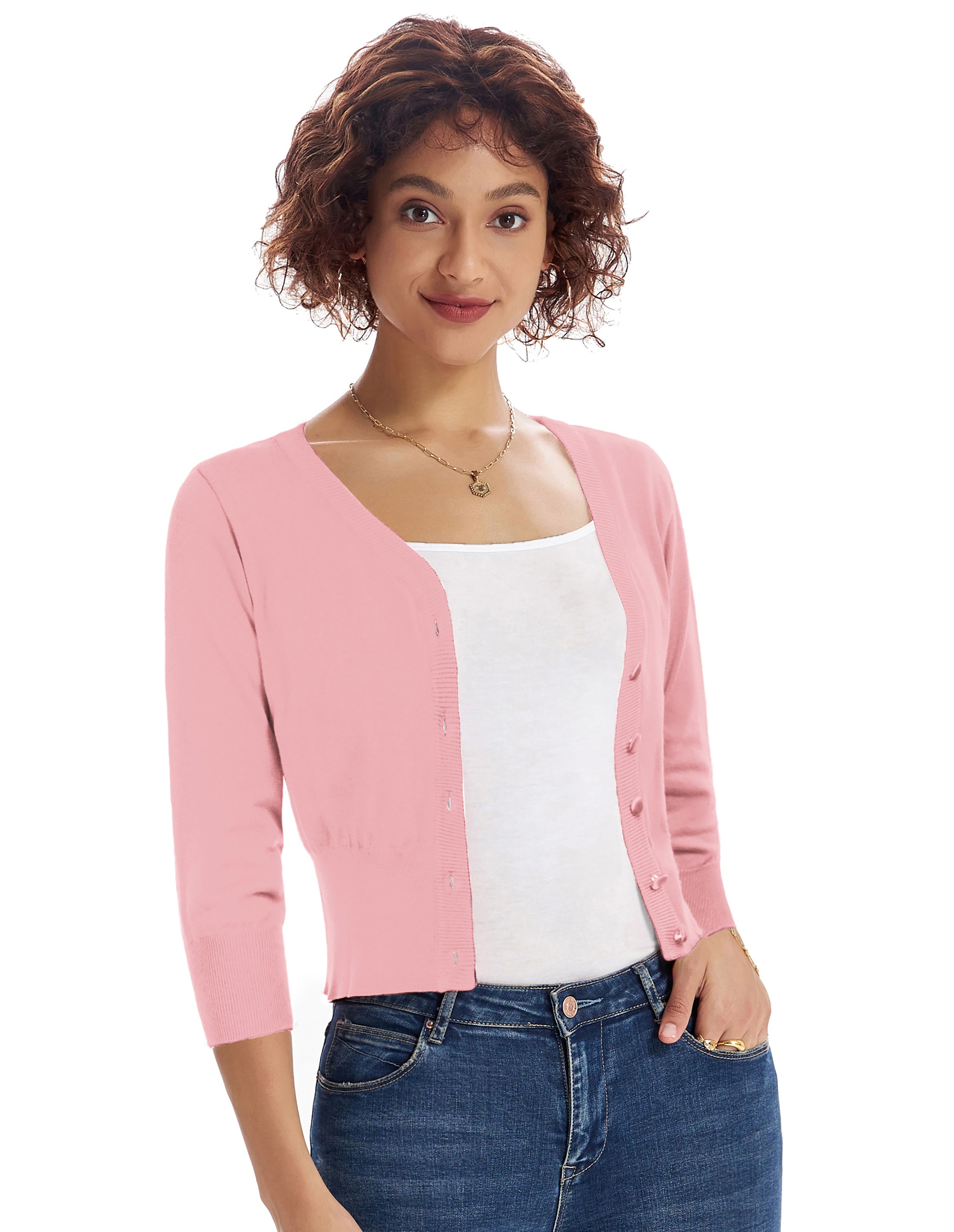 belle poque Cropped Cardigan 3/4 Sleeve V-Neck Button-up Sweater Knitwear