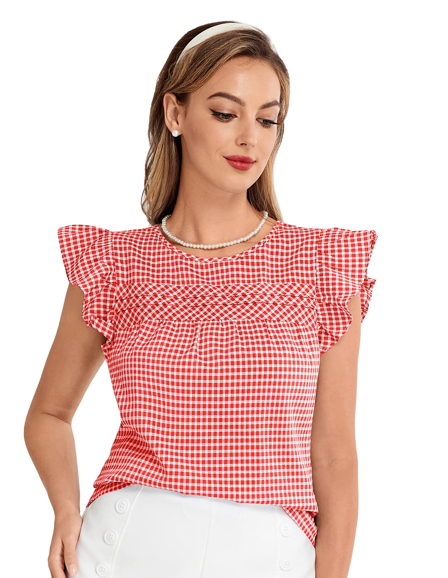 belle poque BP Women Vintage Plaided Tops Flutter Sleeve Crew Neck Keyhole Back Tops Red