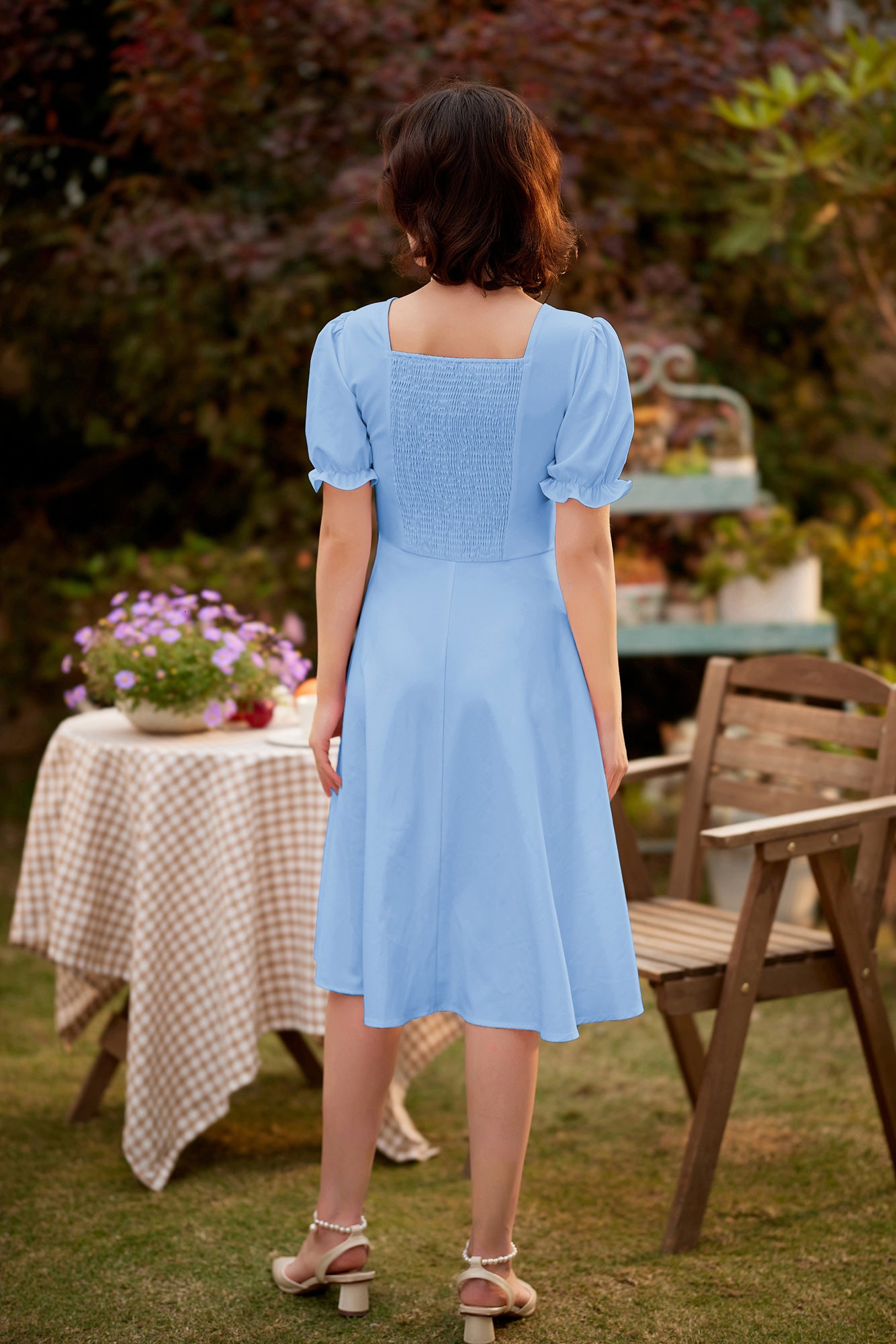 belle poque Vintage Buttons Decorated Dress Short Sleeve Square V-Neck A-Line Dress