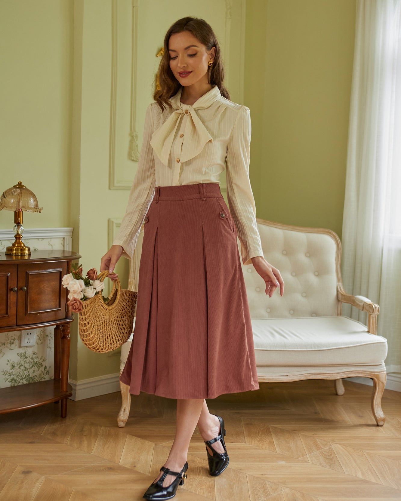 belle poque Vintage Swing Skirt Elastic Waist Flared A-Line Mid-Calf Skirt