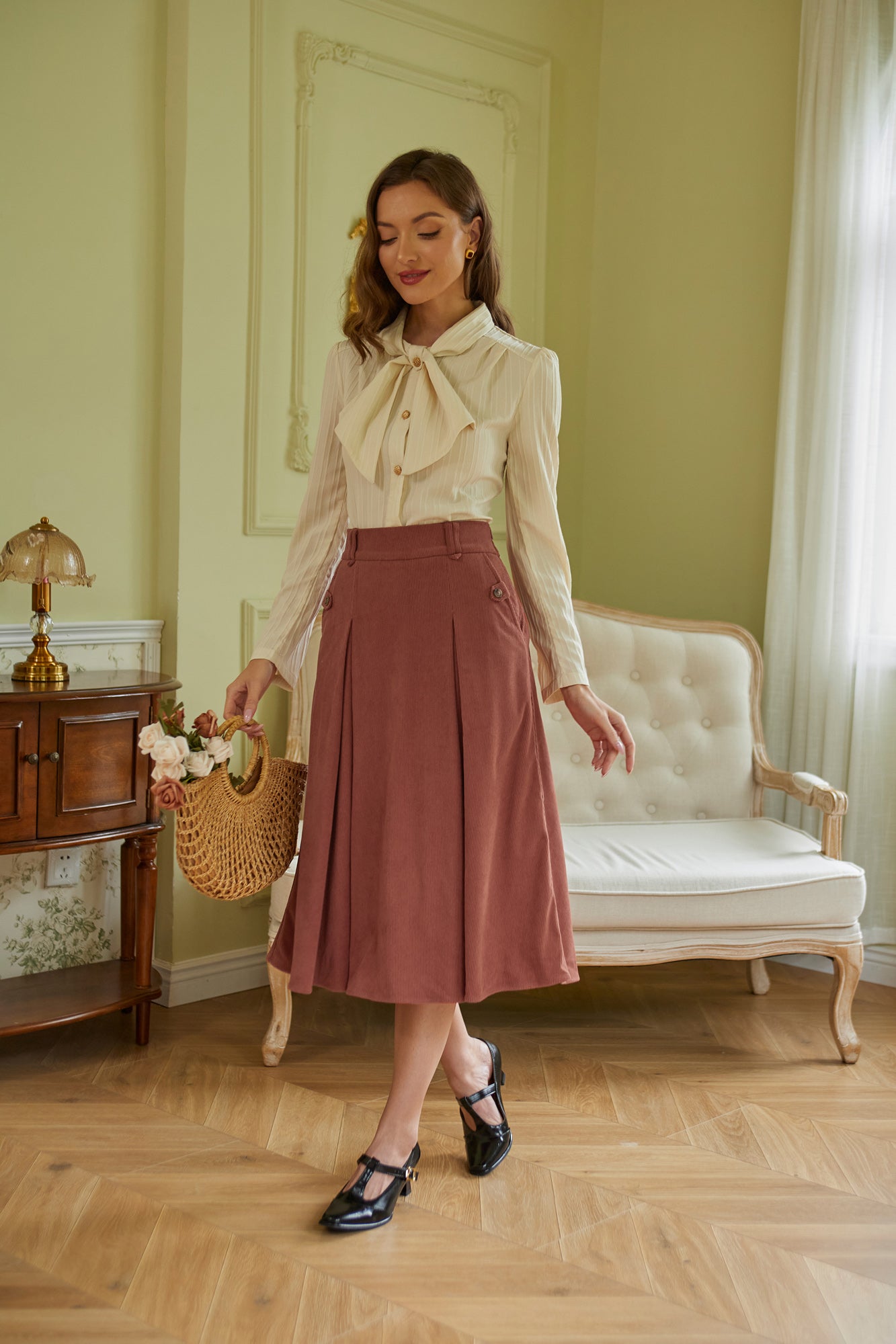 belle poque Vintage Swing Skirt Elastic Waist Flared A-Line Mid-Calf Skirt