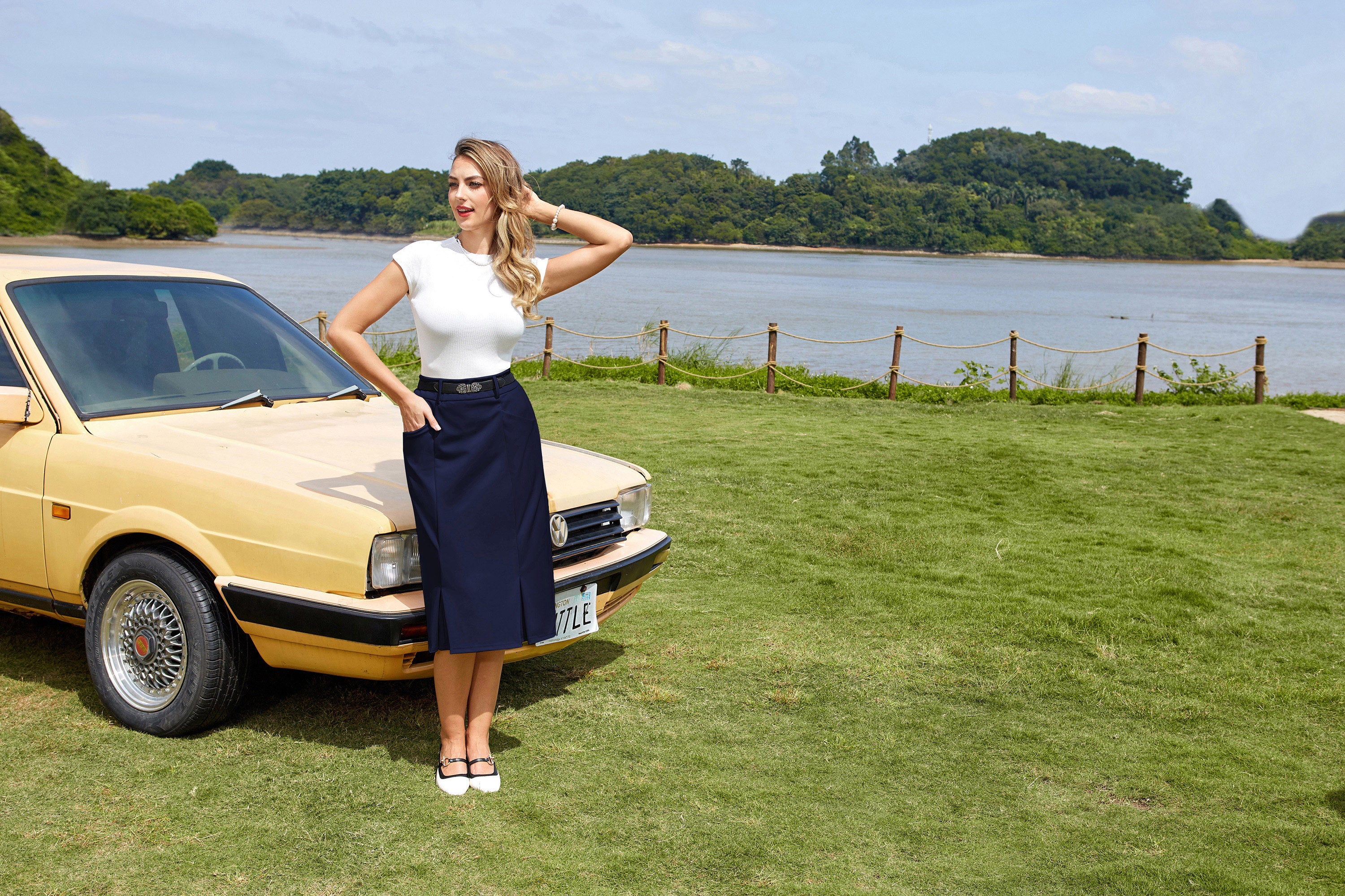 belle poque BP Women Vintage Bodycon Skirt Elastic Waist Below Knee Hips-Wrapped Skirt