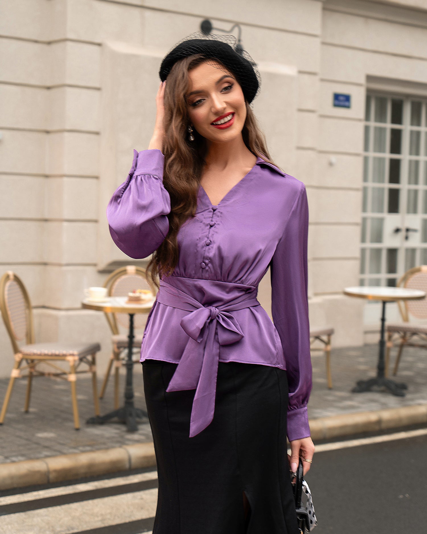 belle poque Vintage Elastic Waist Blouse Long Sleeve Lapel V-Neck Pullover Tops