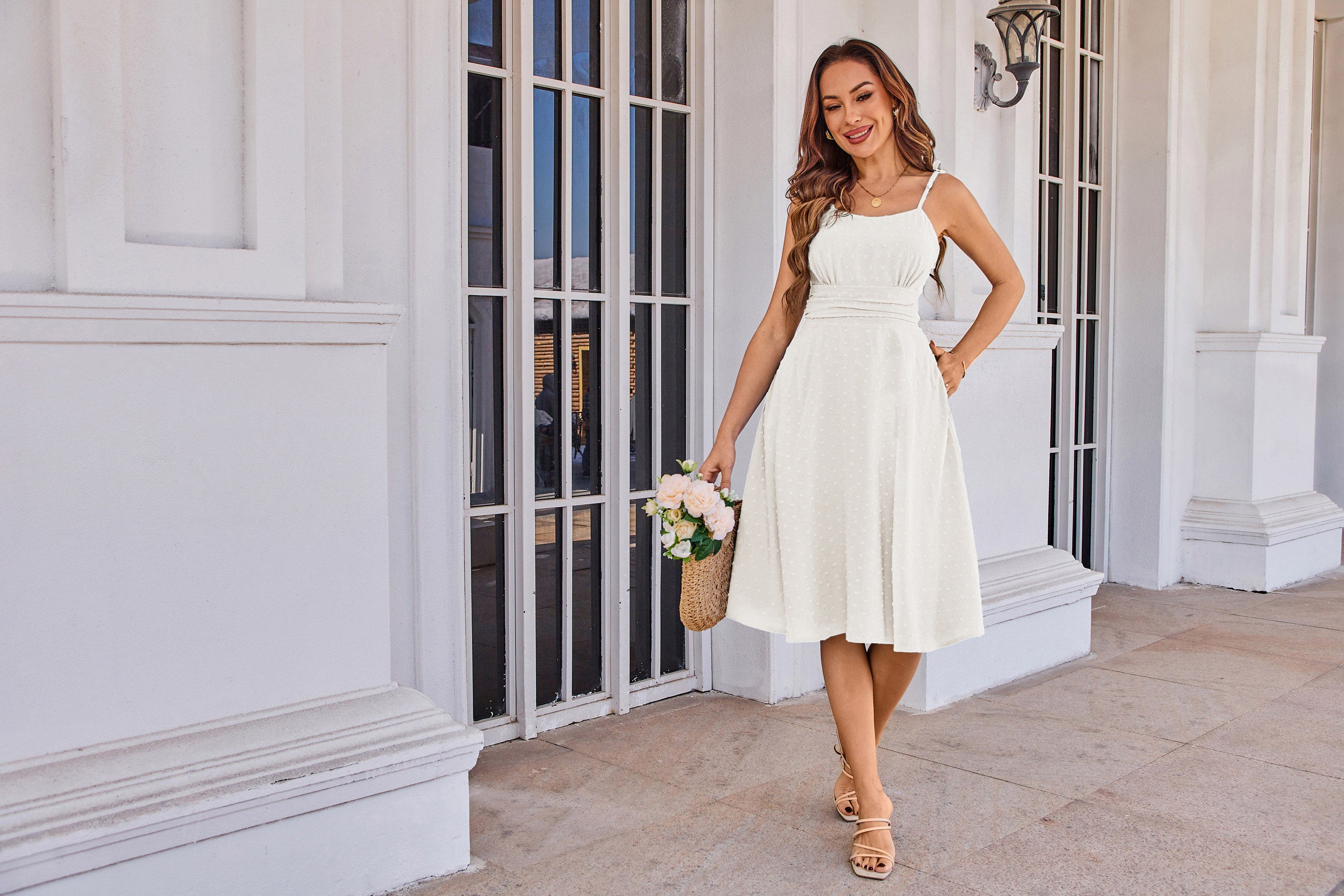 belle poque BP Women Vintage Swiss Dots Dress Spaghetti Straps Flared A-Line Dress