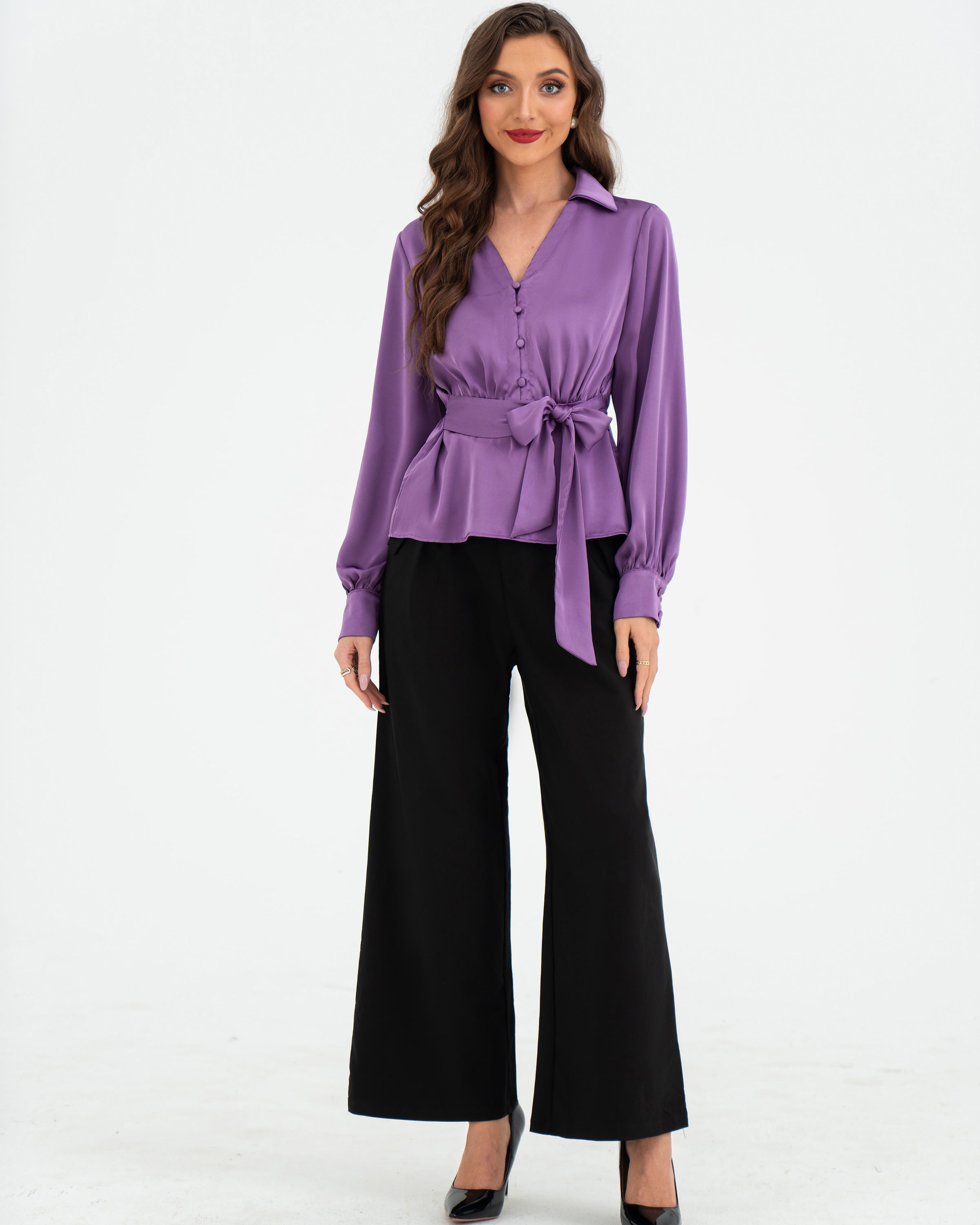 belle poque Vintage Elastic Waist Blouse Long Sleeve Lapel V-Neck Pullover Tops