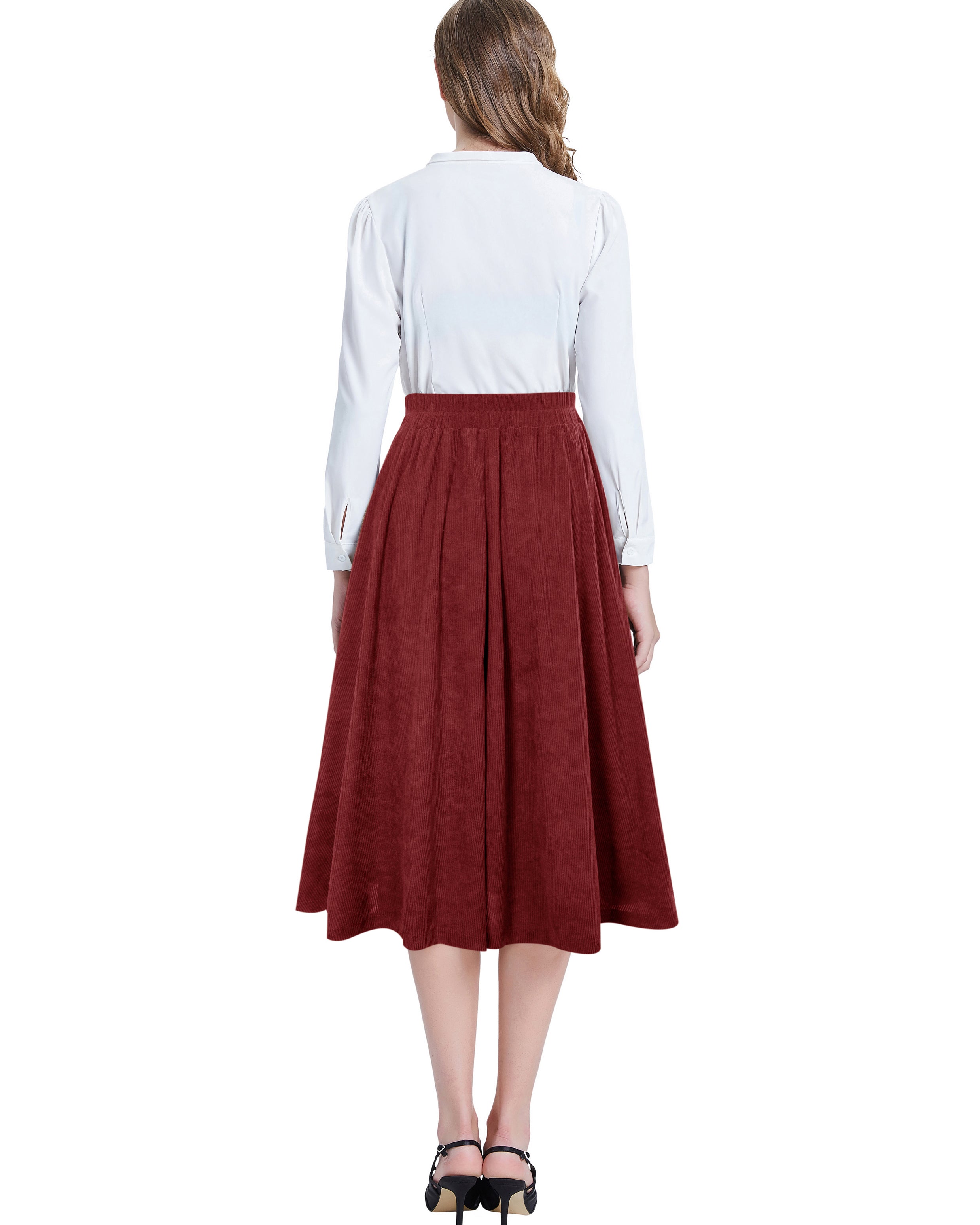 belle poque Vintage Corduroy Skirt Elastic High Waist Buttons Decorated Swing Skirt with Pockets