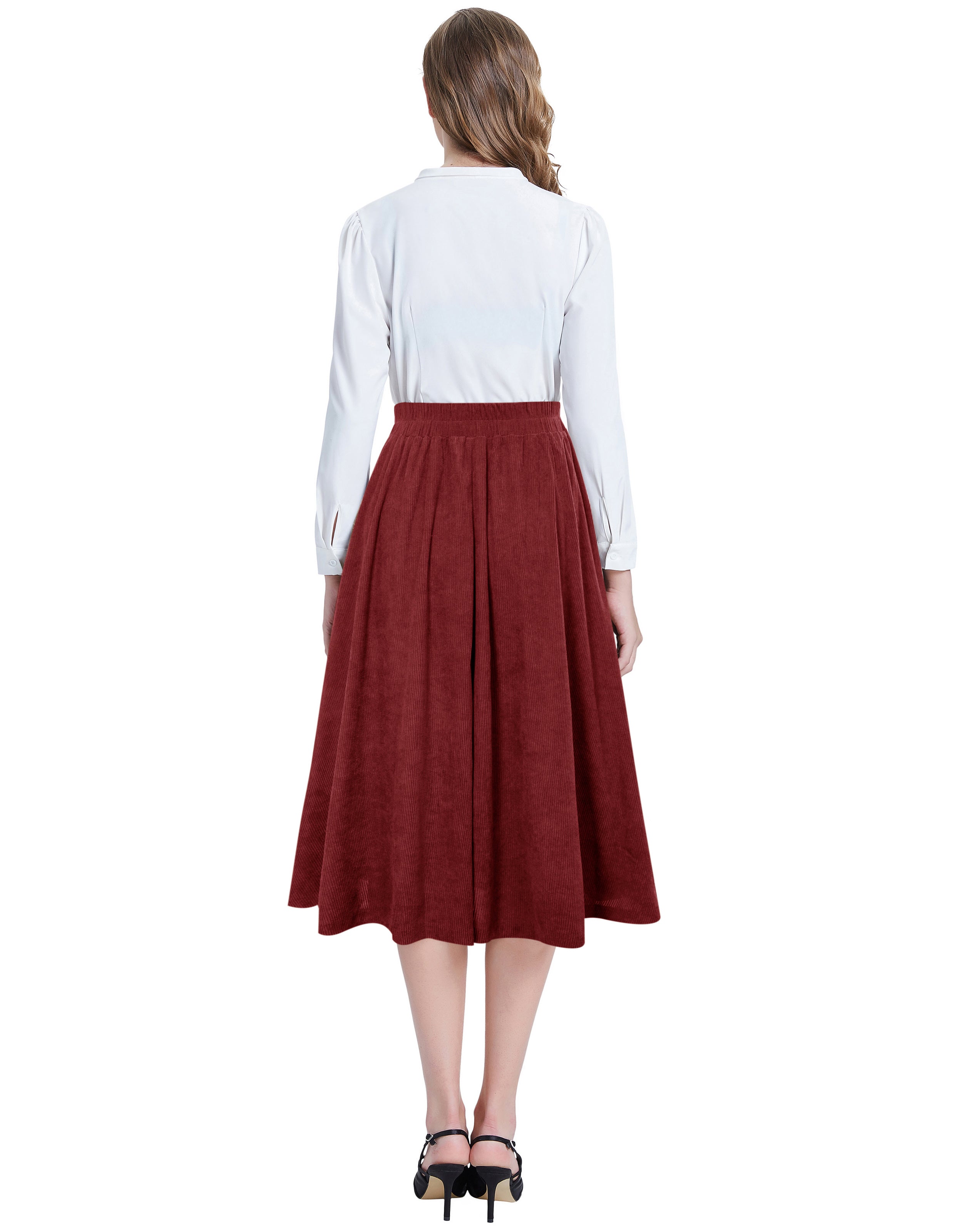 belle poque Vintage Corduroy Skirt Elastic High Waist Buttons Decorated Swing Skirt with Pockets