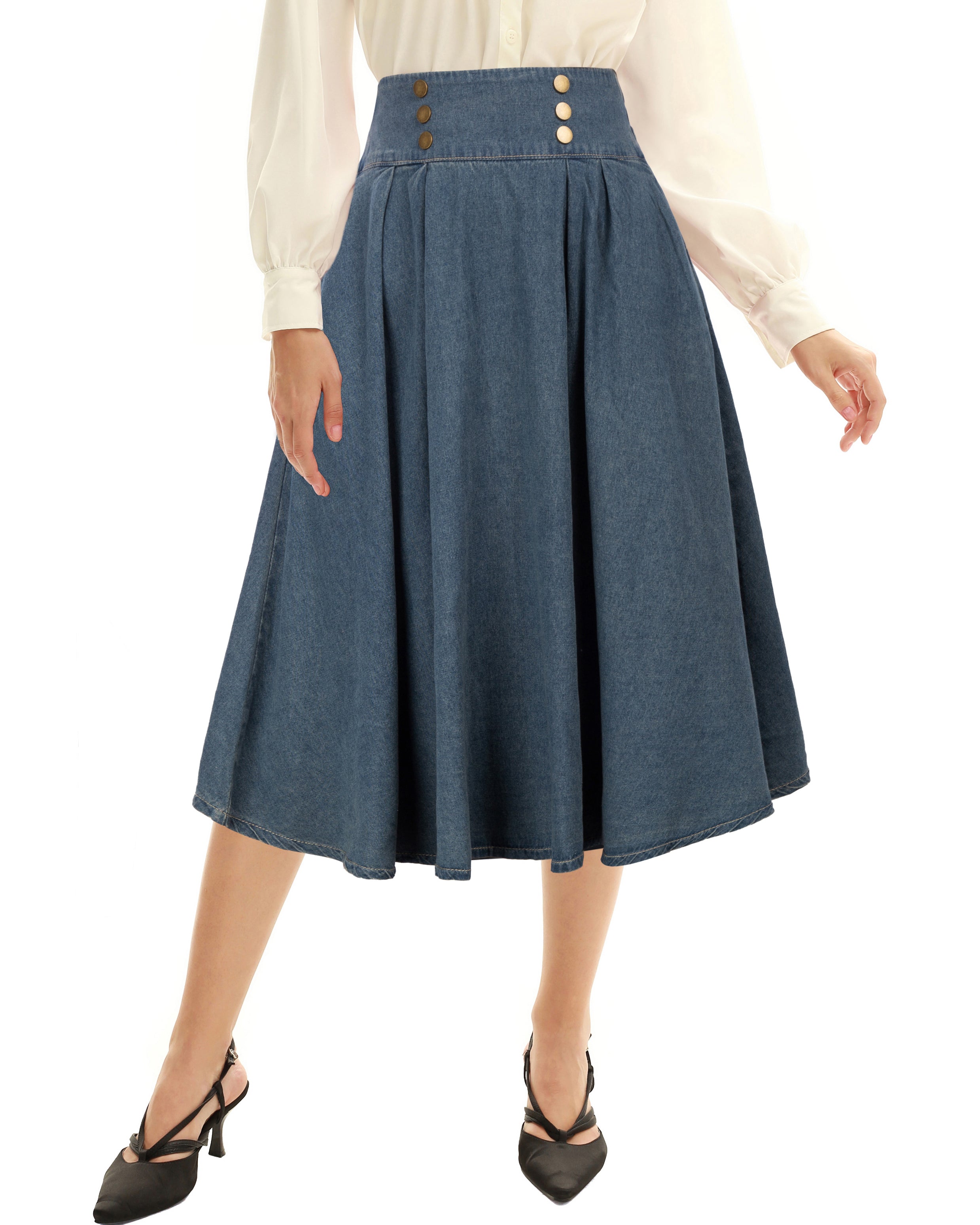 belle poque Swing Jean Skirt Elastic High Waist Buttons Decorated Skirt