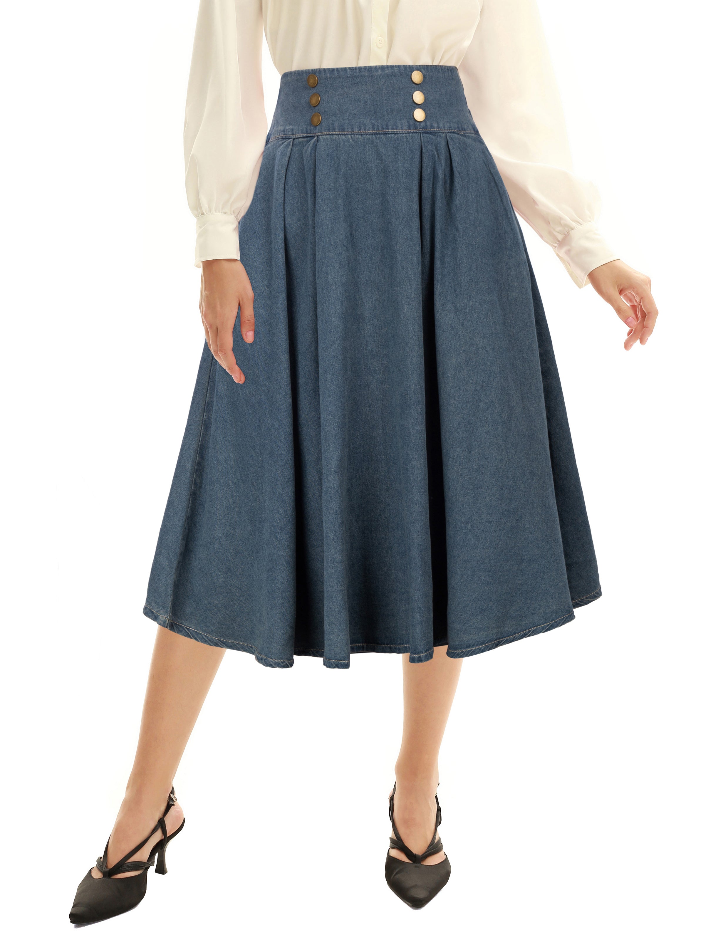 belle poque Swing Jean Skirt Elastic High Waist Buttons Decorated Skirt