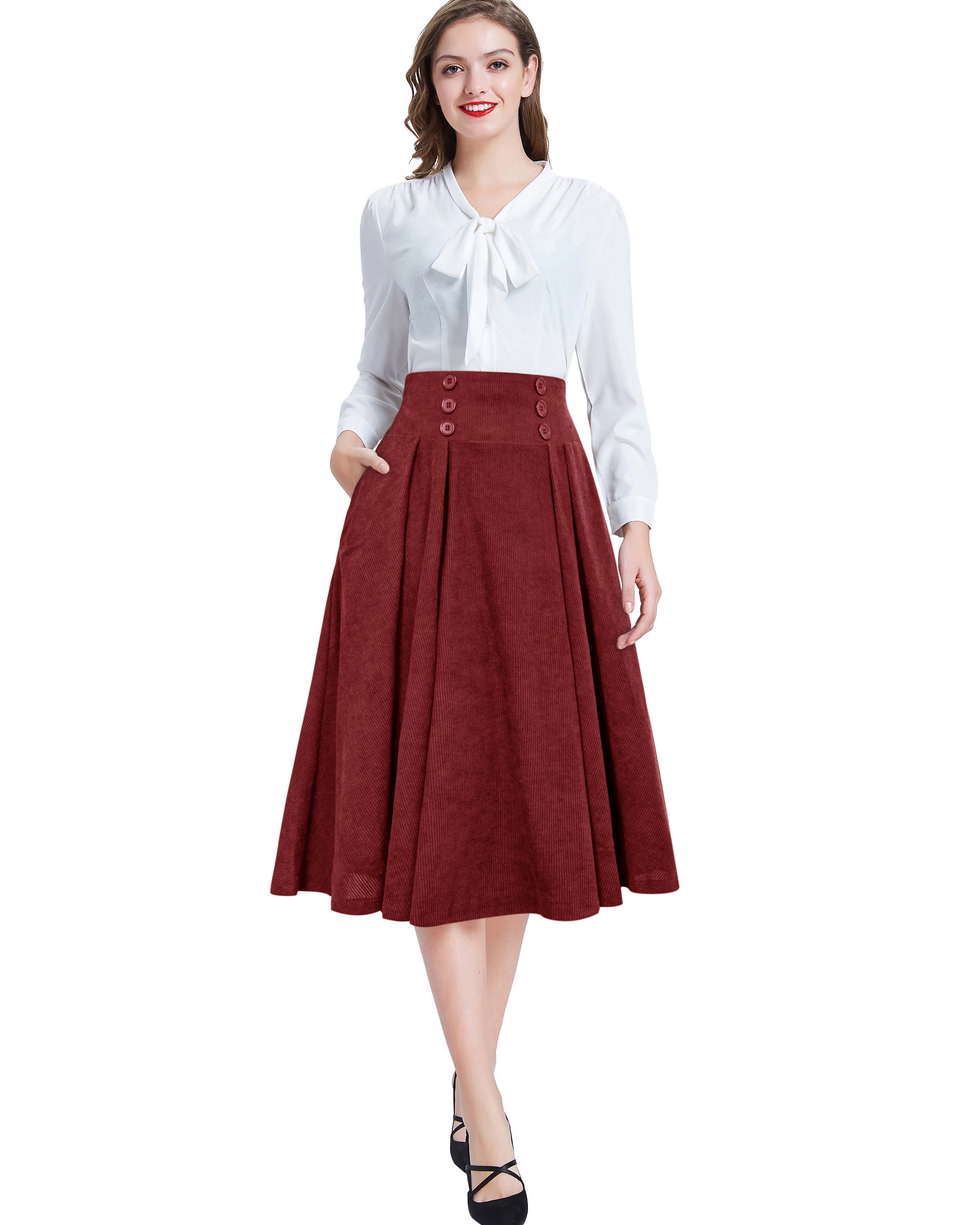belle poque Vintage Corduroy Skirt Elastic High Waist Buttons Decorated Swing Skirt with Pockets