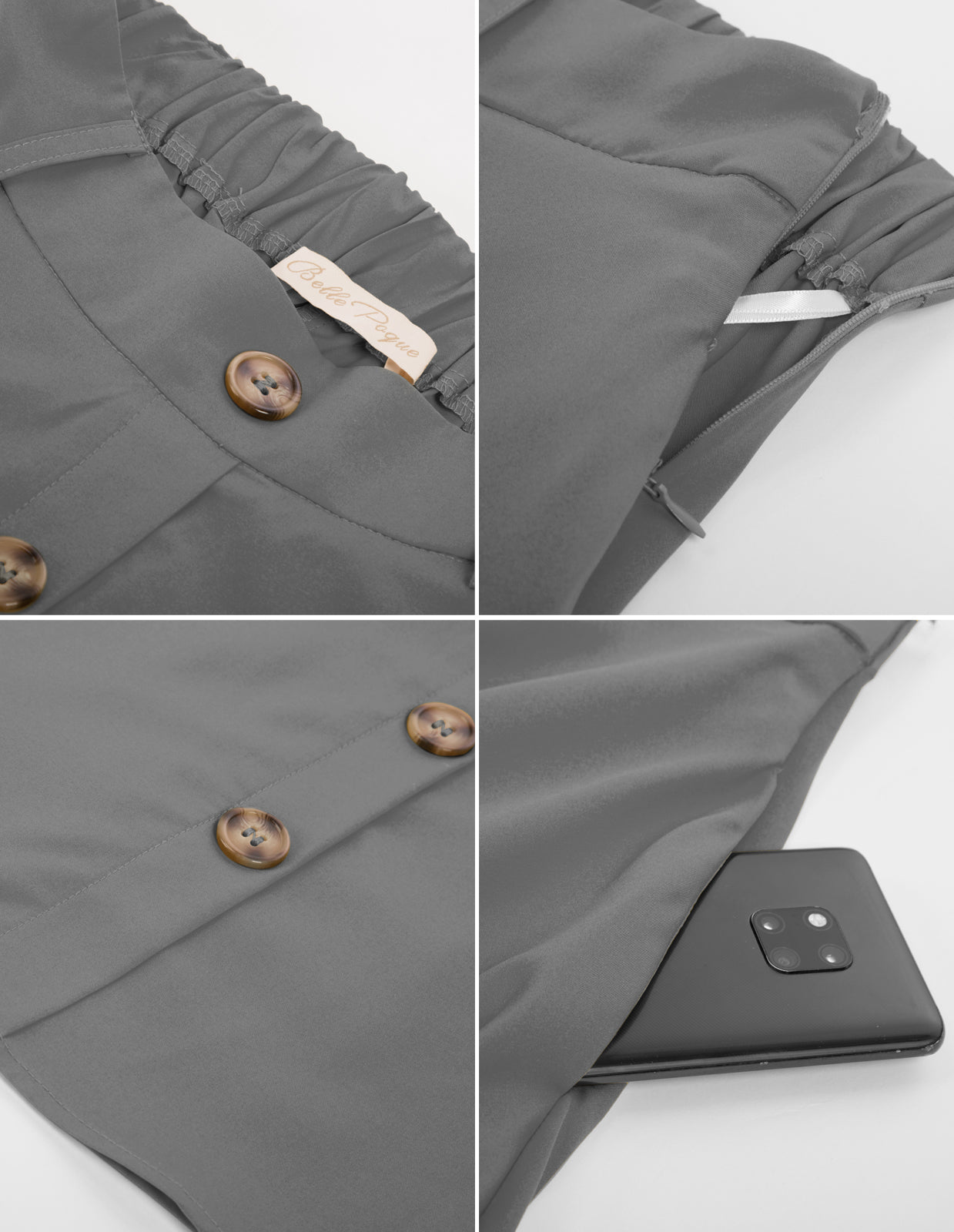 belle poque Swing Skirt with Belt Elastic High Waist Buttons Decorated Skirt