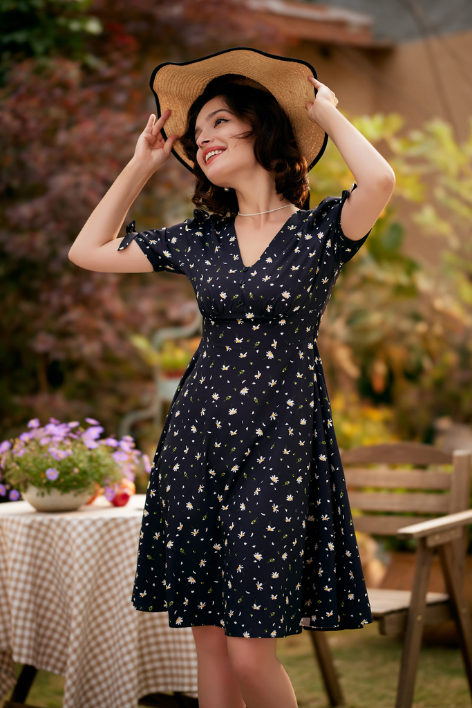 belle poque Strawberry Printed Defined Waist Dress Short Sleeve V-Neck Flared A-Line Dress