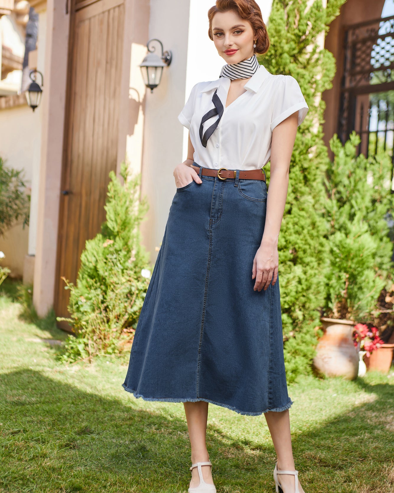 belle poque Multi-Pocket Jean Skirt Elastic High Waist Raw Hem Midi A-Line Skirt