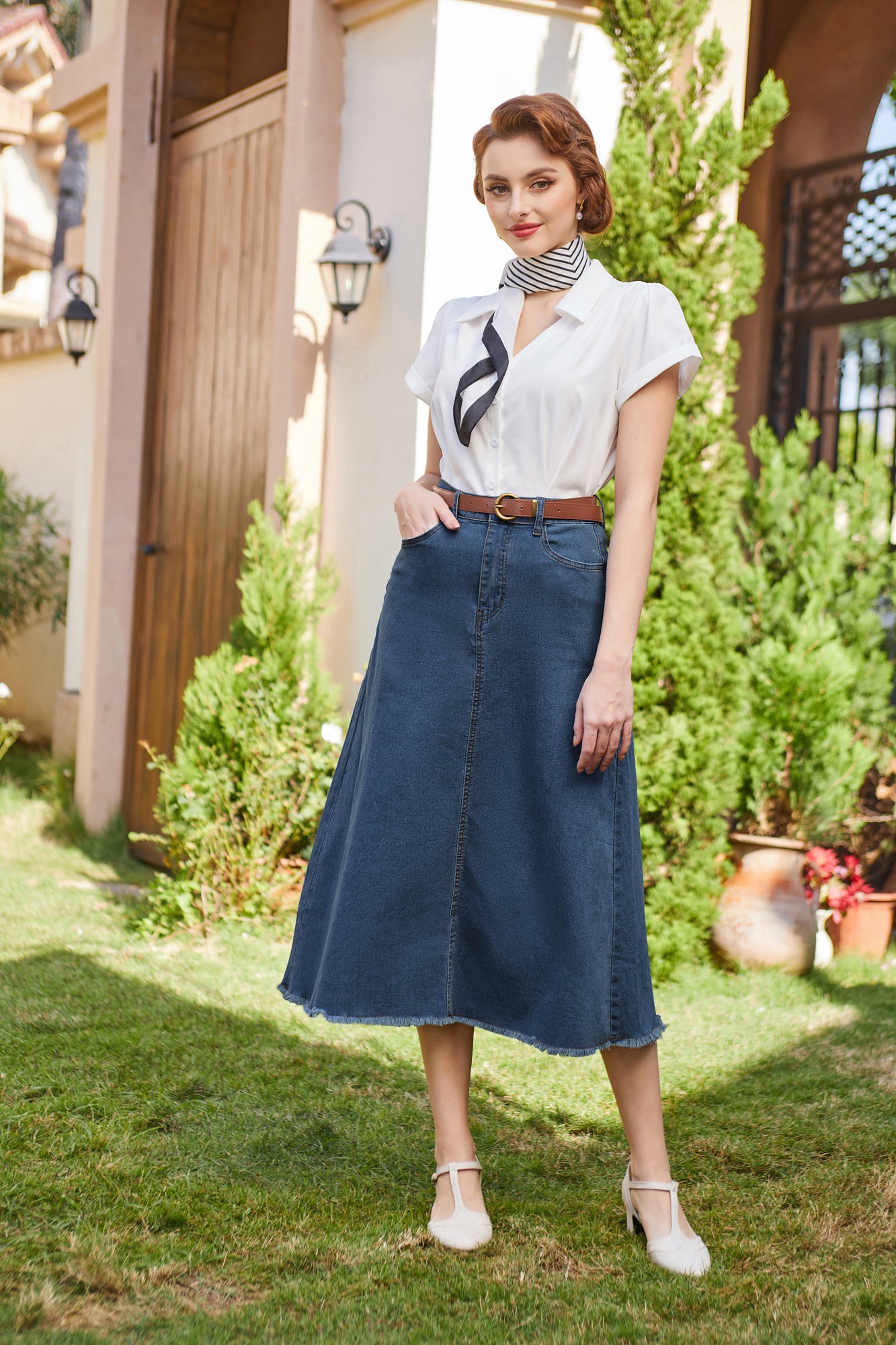 belle poque Multi-Pocket Jean Skirt Elastic High Waist Raw Hem Midi A-Line Skirt