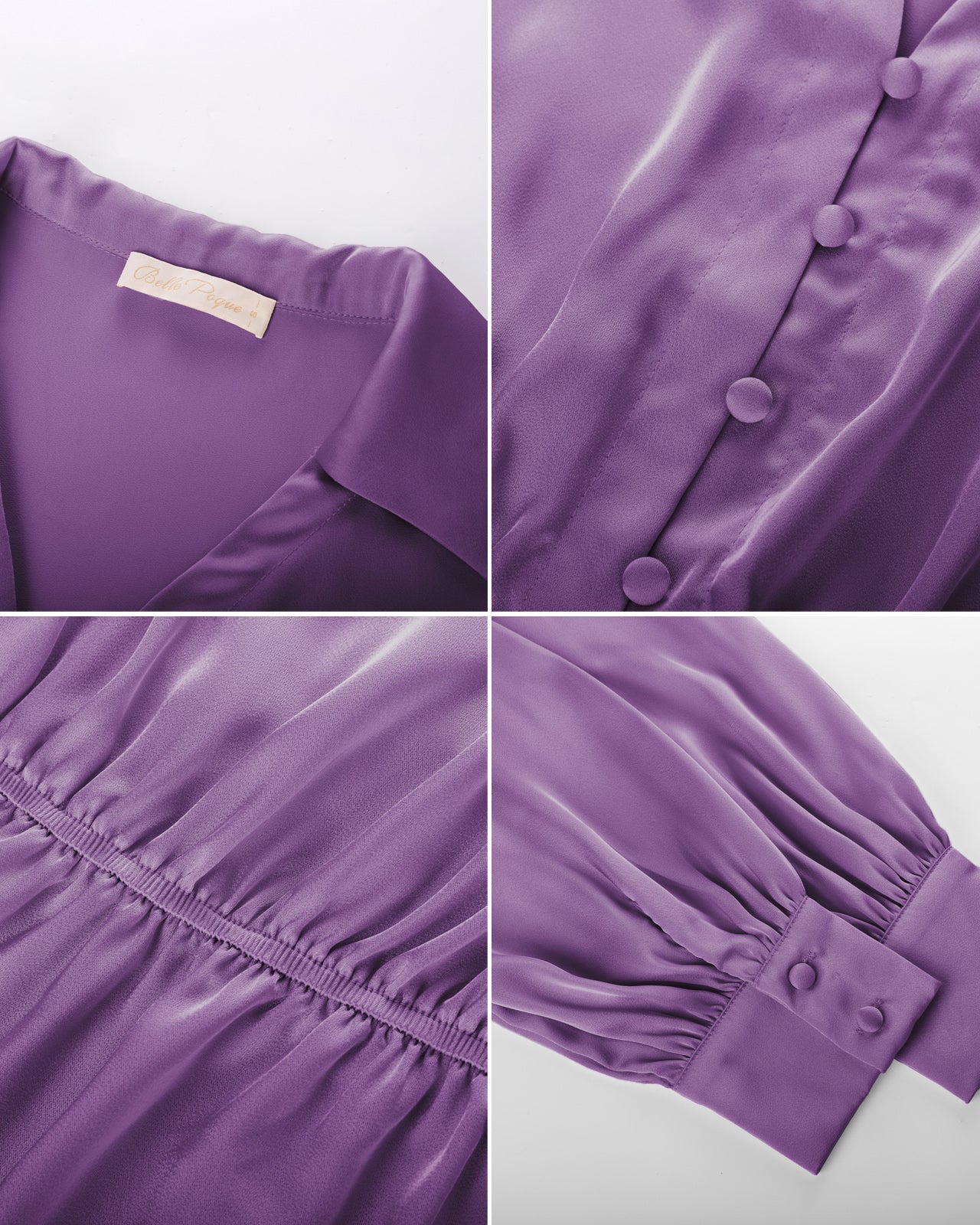 belle poque Vintage Elastic Waist Blouse Long Sleeve Lapel V-Neck Pullover Tops