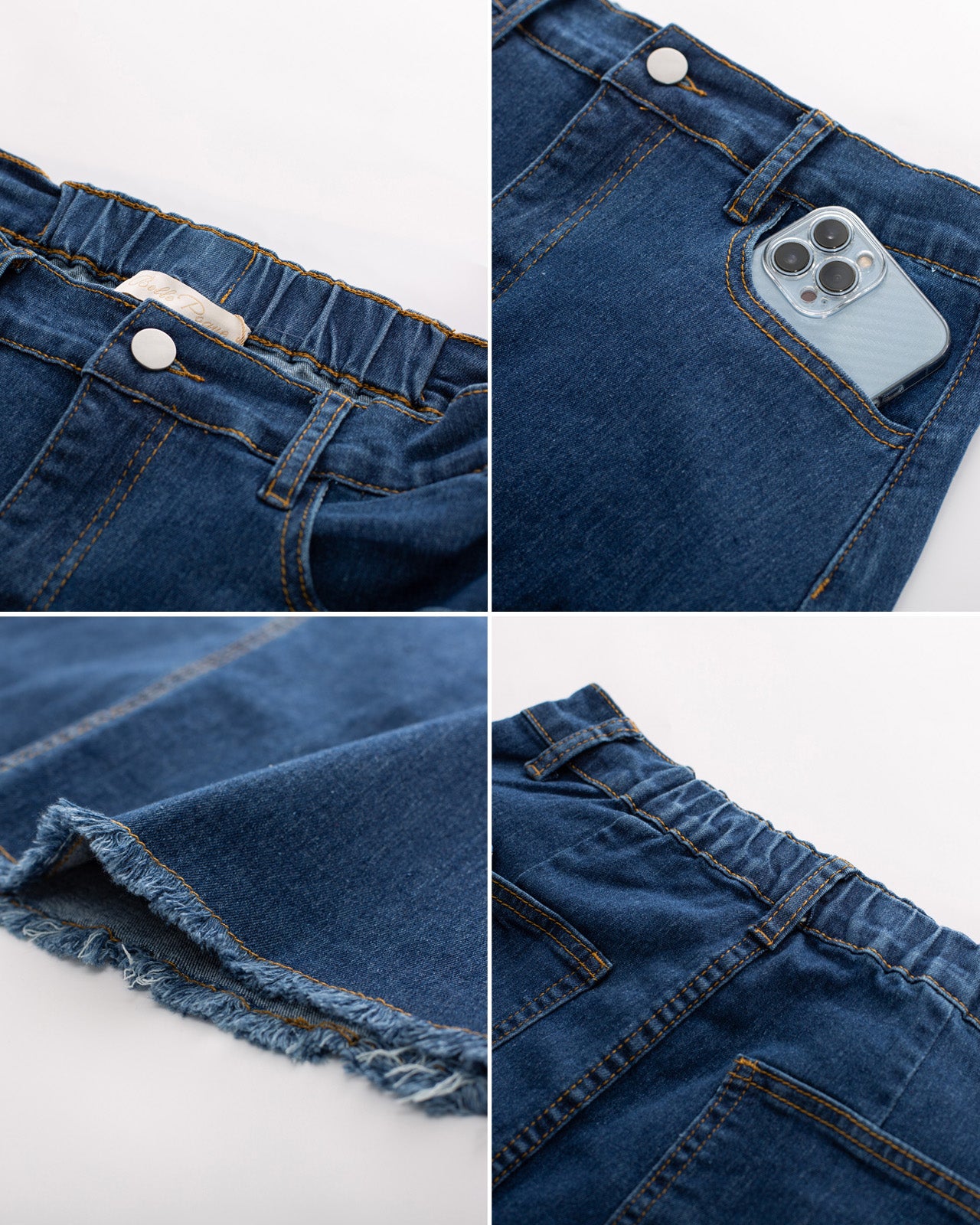 belle poque Multi-Pocket Jean Skirt Elastic High Waist Raw Hem Midi A-Line Skirt