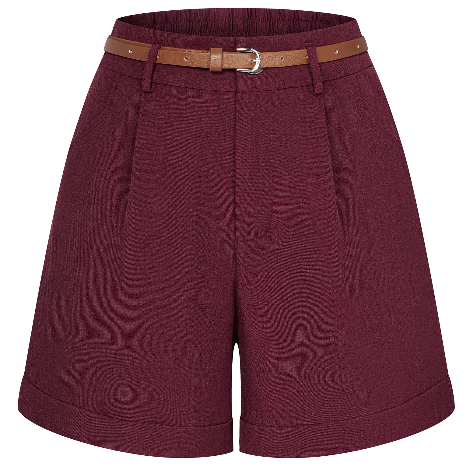 belle poque BP Women Vintage Shorts with Belt Elastic Waist Fold-up Leg Opening Short Pants Red