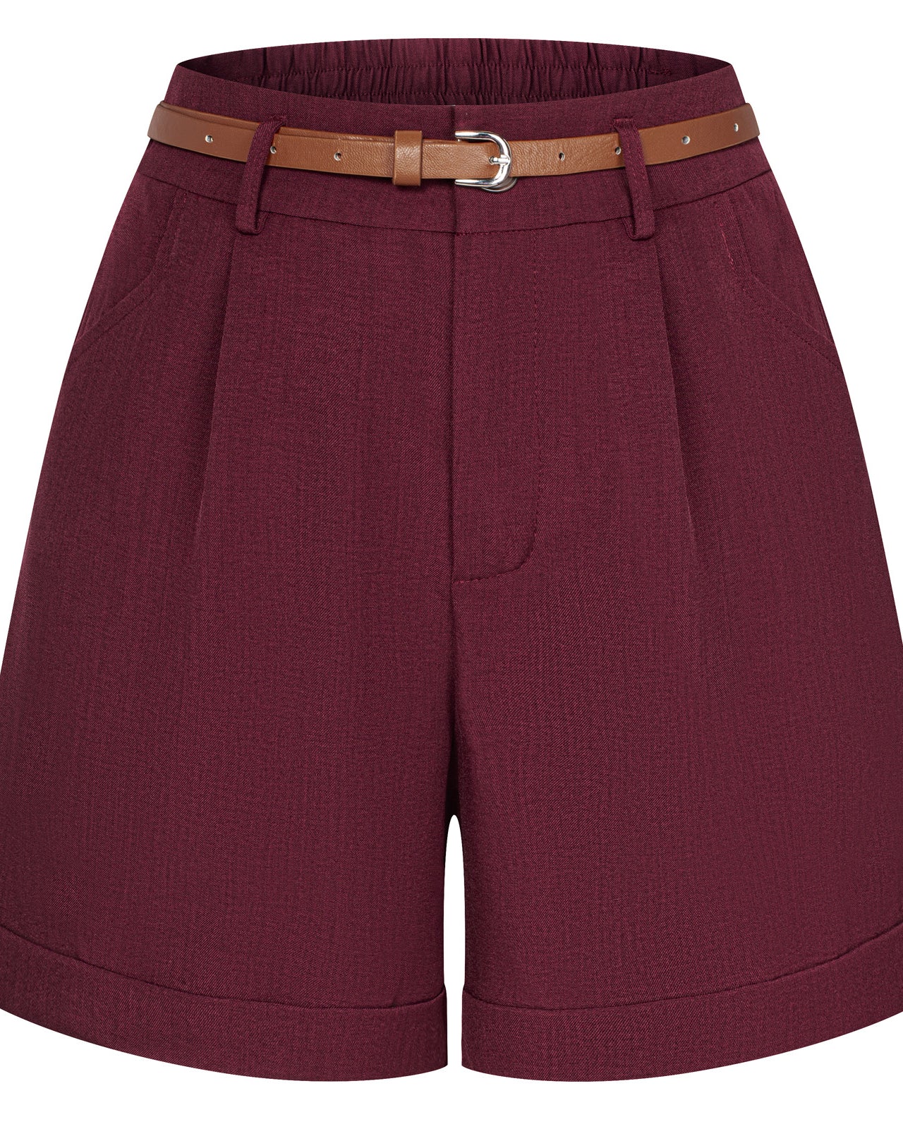 belle poque BP Women Vintage Shorts with Belt Elastic Waist Fold-up Leg Opening Short Pants Red