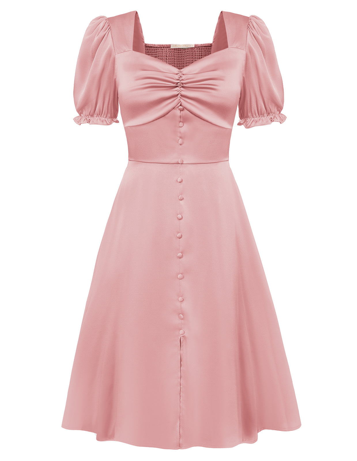 belle poque Front Slit Dress Short Sleeve Square V-Neck Flared A-Line Dress Pink