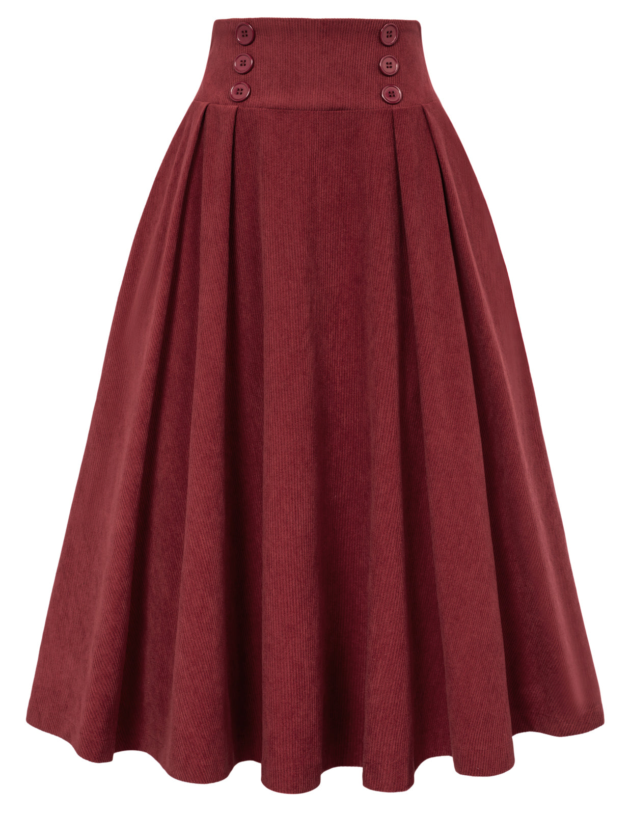 belle poque Vintage Corduroy Skirt Elastic High Waist Buttons Decorated Swing Skirt with Pockets Wine