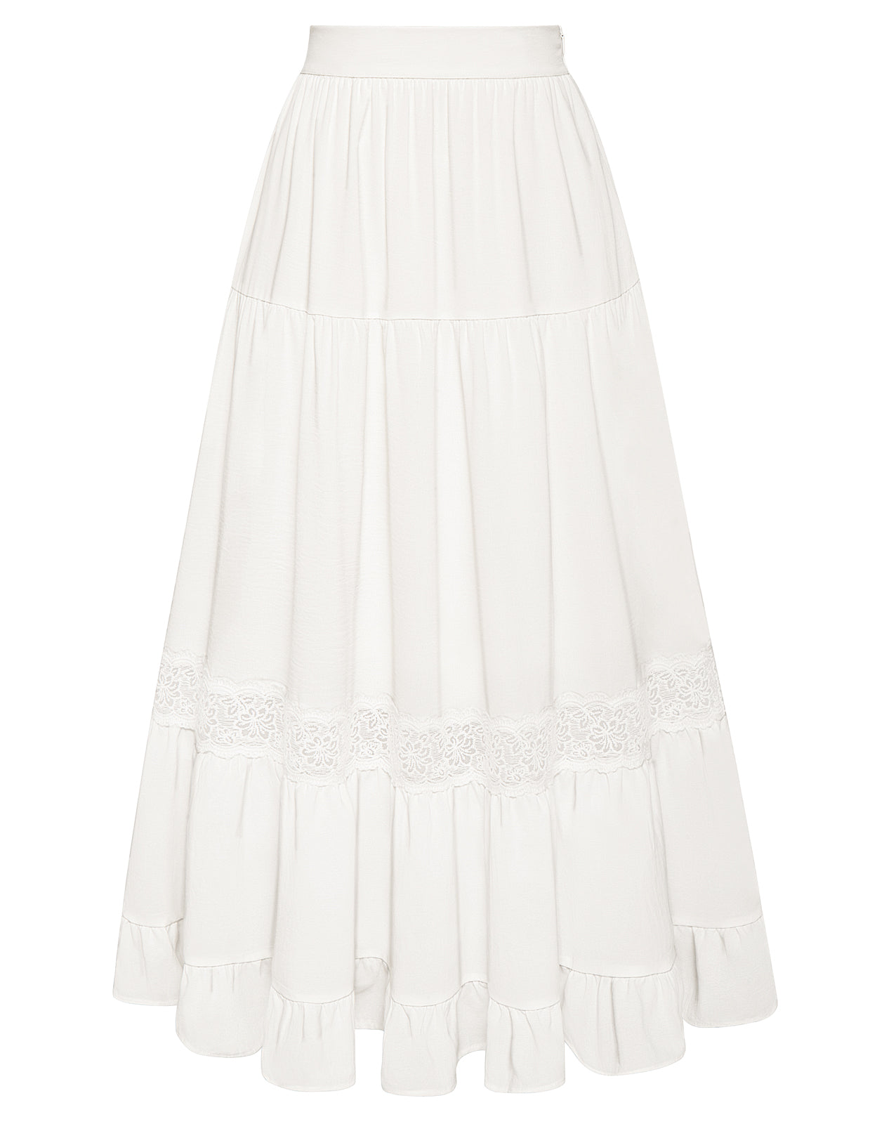 belle poque Women Vintage Tiered Swing Skirt Elastic Waist Ruffled Hem Mid-Calf Skirt apricot