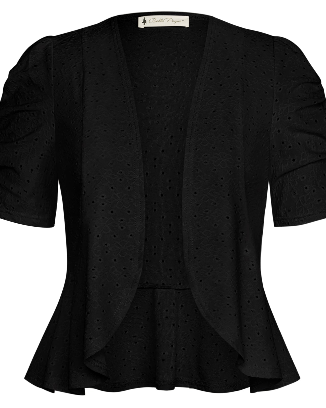 belle poque Women Vintage Hollowed-out Shrug Ruched Short Sleeve Open Front Tops Black