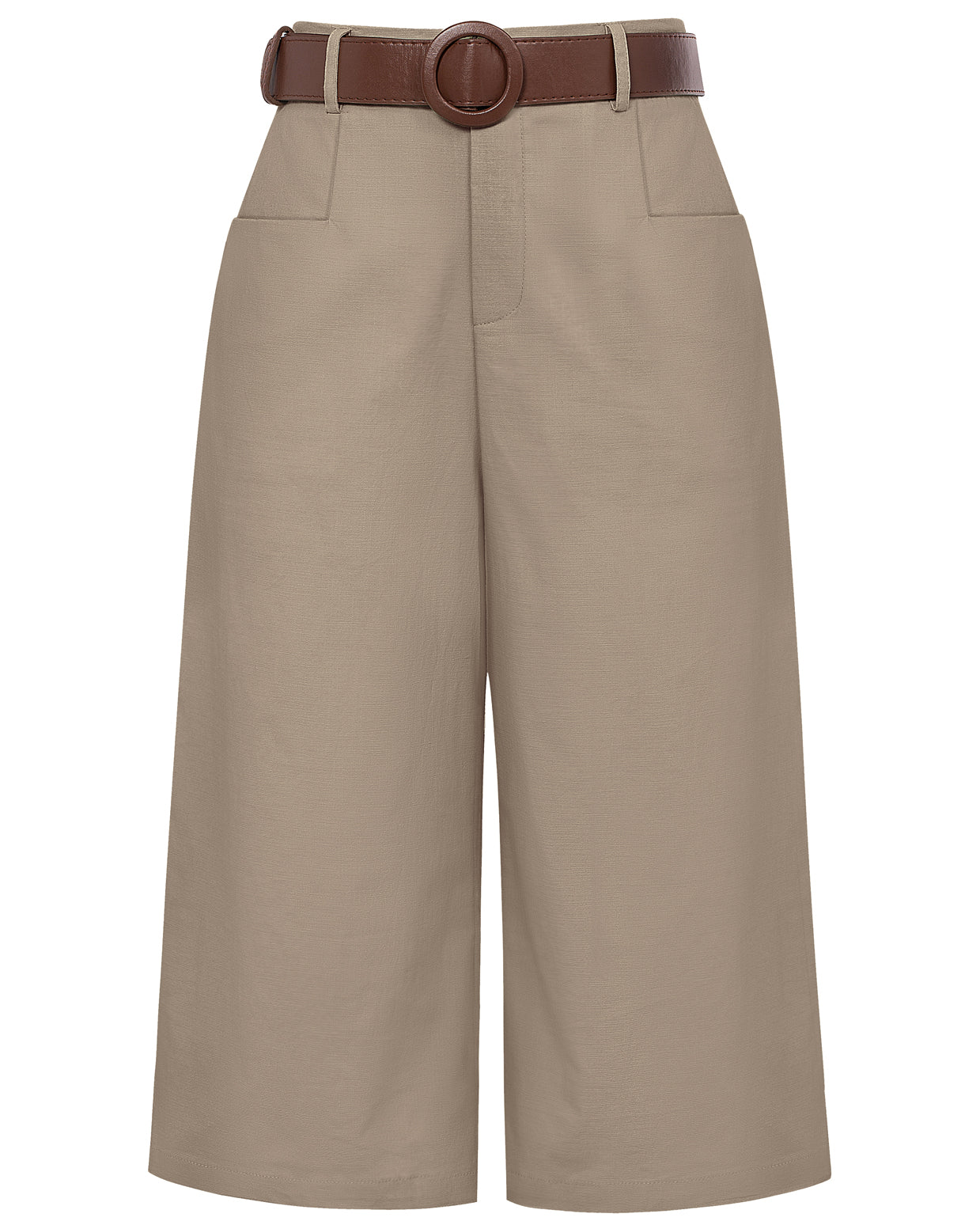 belle poque Casual Capris Summer High Wiasted Wide Leg Capris with Pockets & Belt Khaki
