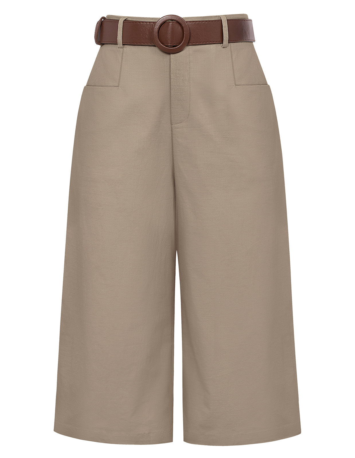 belle poque Casual Capris Summer High Wiasted Wide Leg Capris with Pockets & Belt Khaki