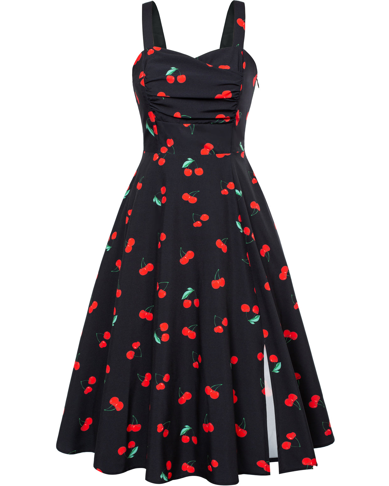 belle poque Vintage 1950s Cocktail Dress Ruched Slit A Line Swing Dress with Pockets Cherry