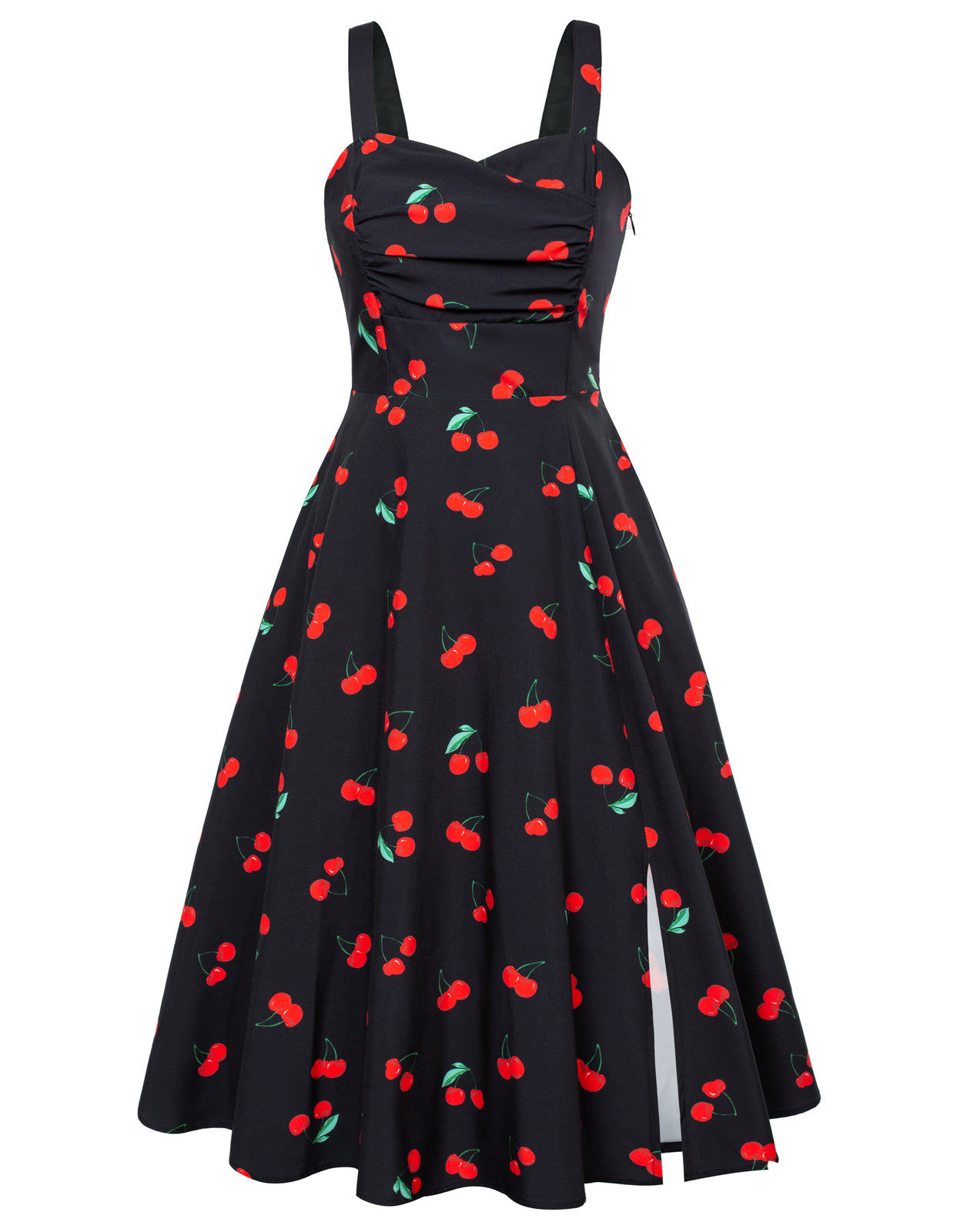 belle poque Vintage Strawberry Patterns Cocktail Dress Sleeveless Spaghetti Strap Ruched Slit A Line Swing Dress with Pockets Cherry