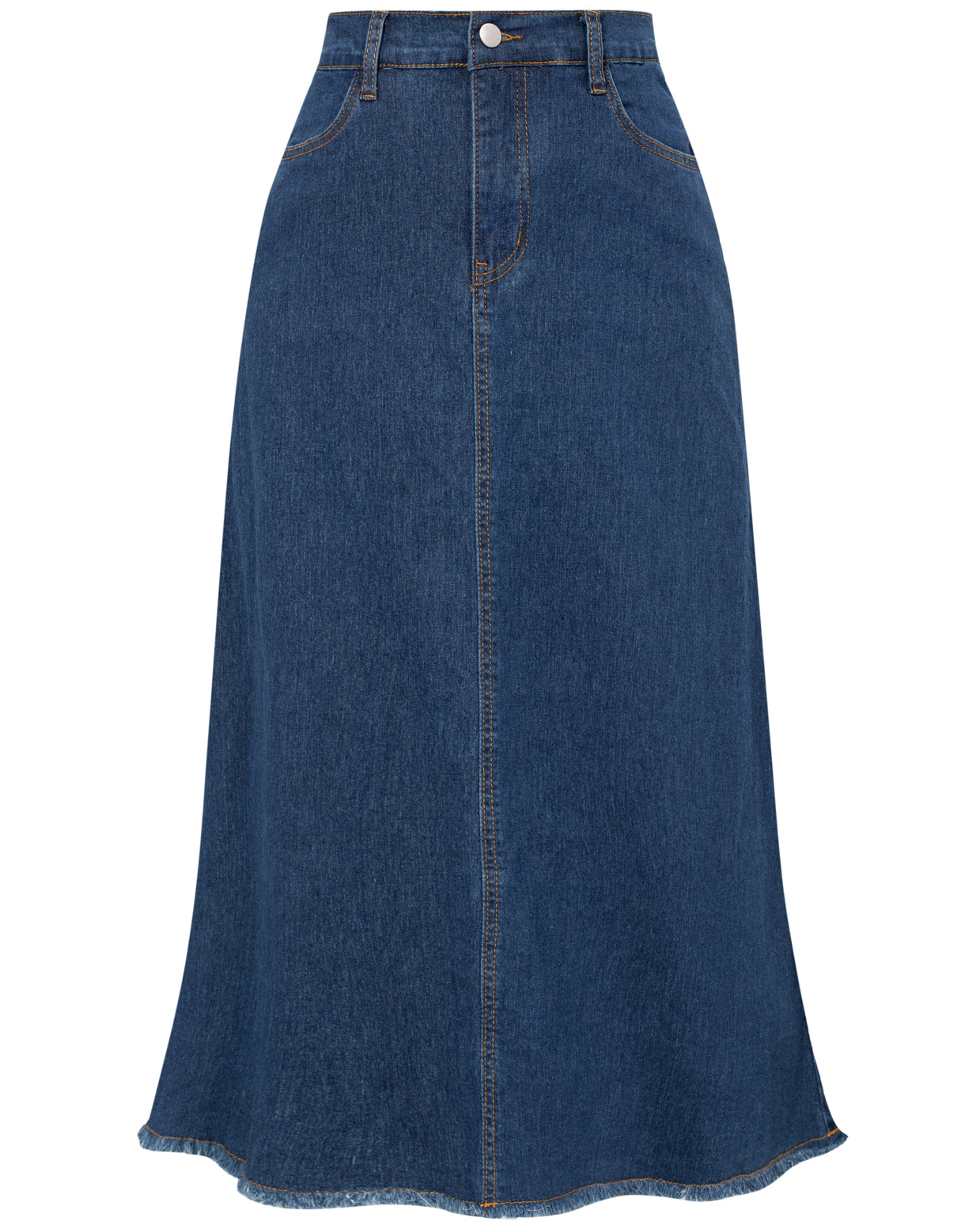 belle poque Multi-Pocket Jean Skirt Elastic High Waist Raw Hem Midi A-Line Skirt