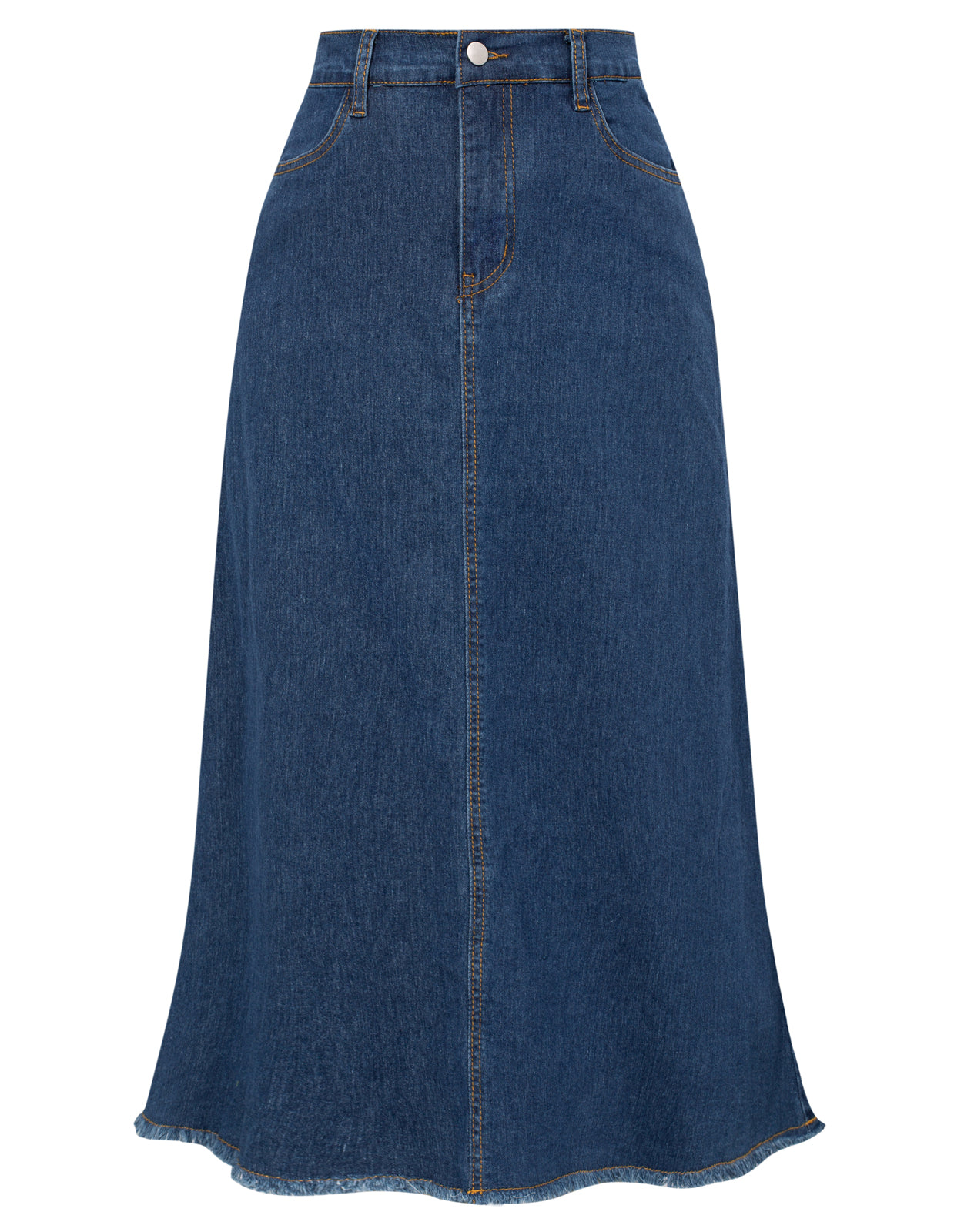 belle poque Multi-Pocket Jean Skirt Elastic High Waist Raw Hem Midi A-Line Skirt