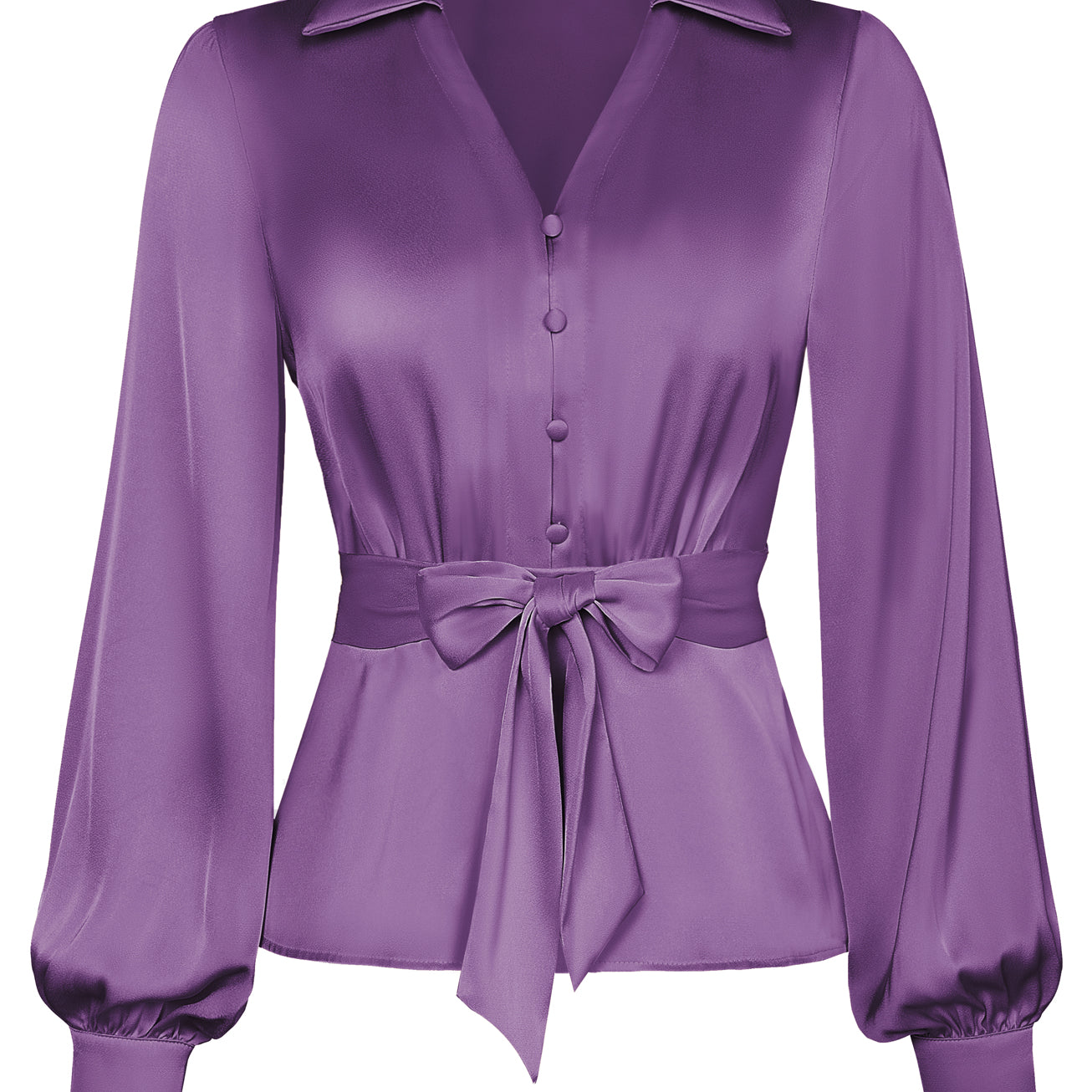 belle poque Vintage Elastic Waist Blouse Long Sleeve Lapel V-Neck Pullover Tops Purple